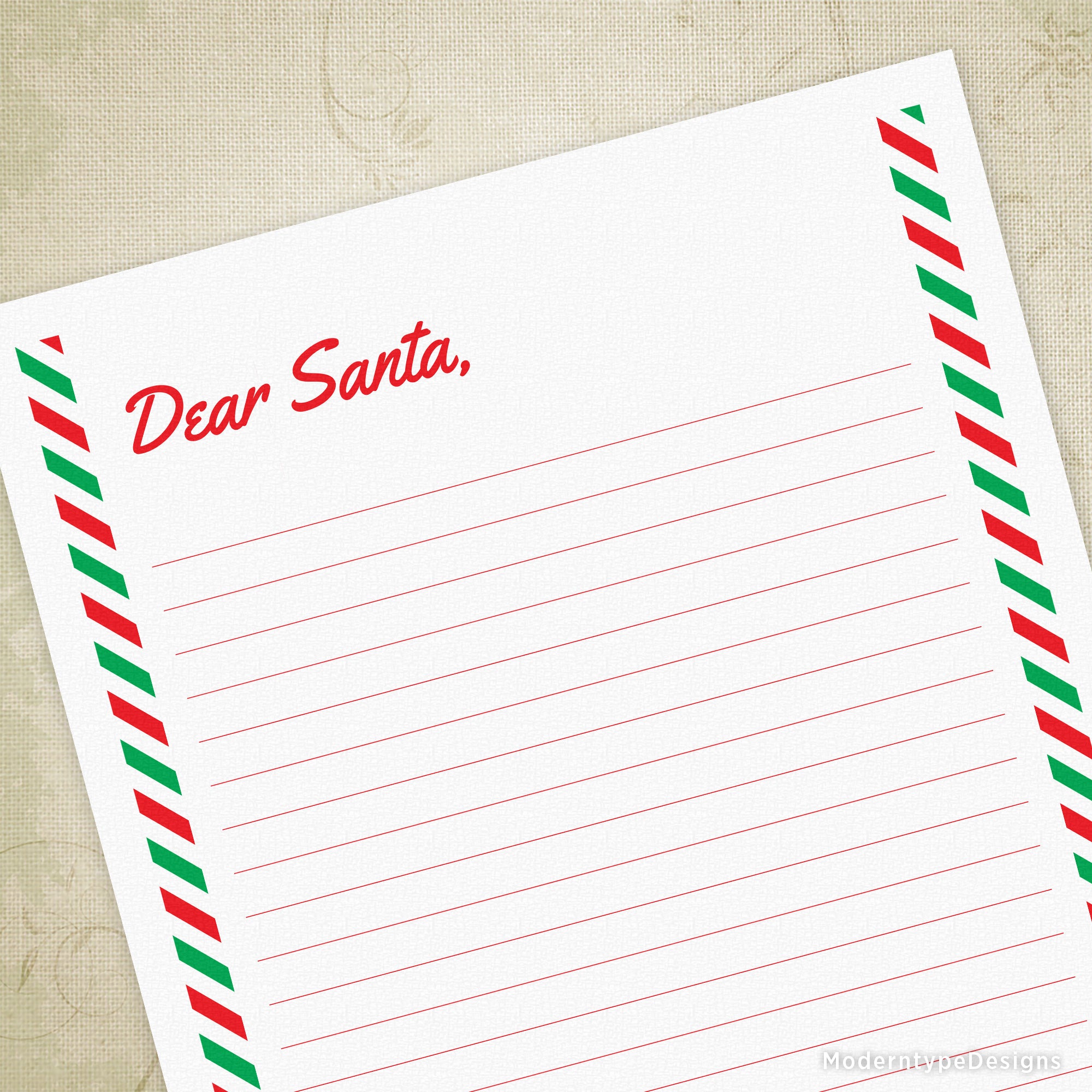 Printable Dear Santa Letter with a red and green striped envelope design on a beige background.