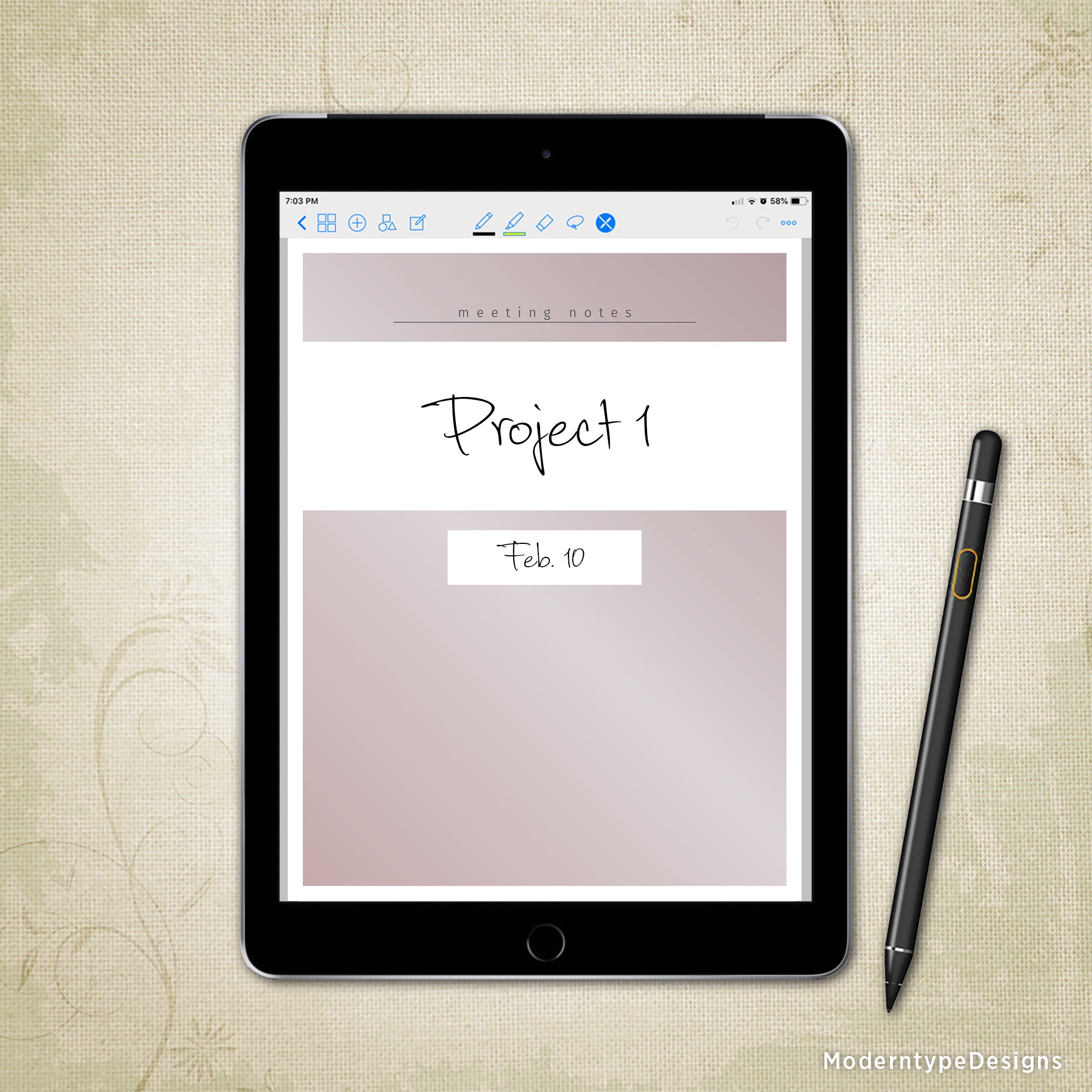 A digital meeting notes planner displayed on a tablet with a stylus pen next to it, the planner has a title 'Project 1' and a subtitle 'Meeting Notes' written on the first page.