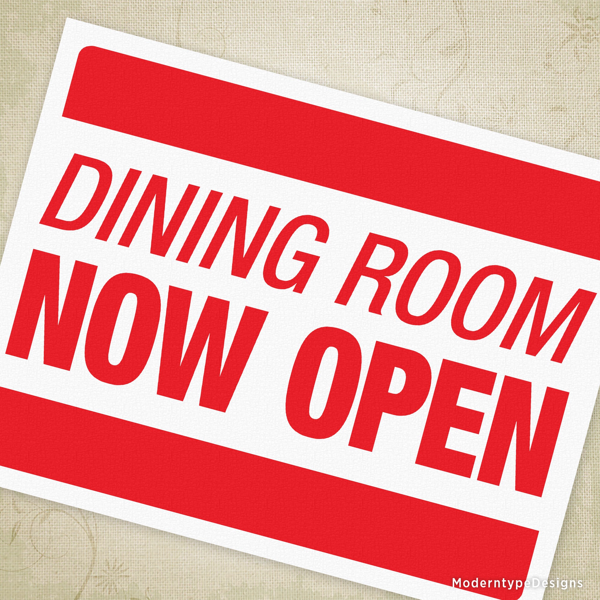 This is a printable PDF Dining Room Now Open Sign. This is a digital file, no physical product will be sent. Print out for your restaurant, diner, bar, etc. to let your customers know you are open!