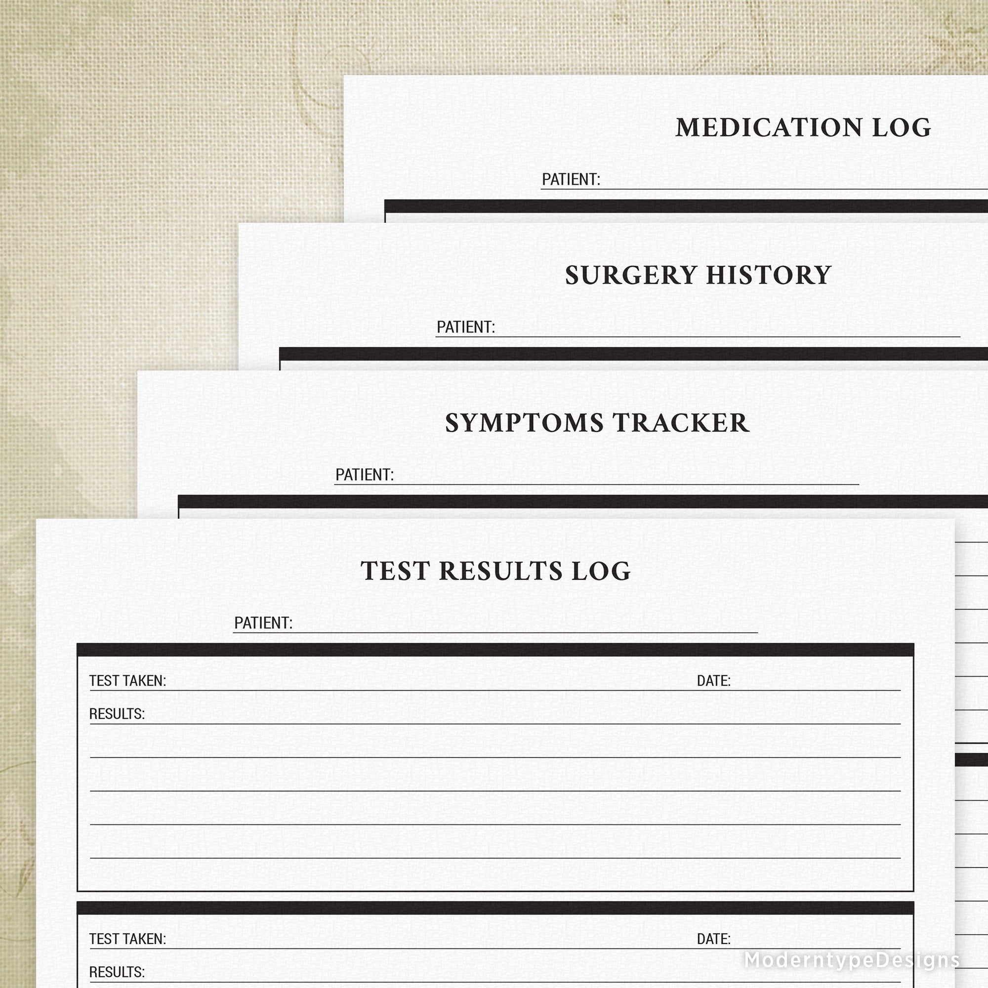 A set of printed medical forms titled 'Medication Log', 'Surgery History', 'Symptoms Tracker', and 'Test Results Log' designed for patient use.