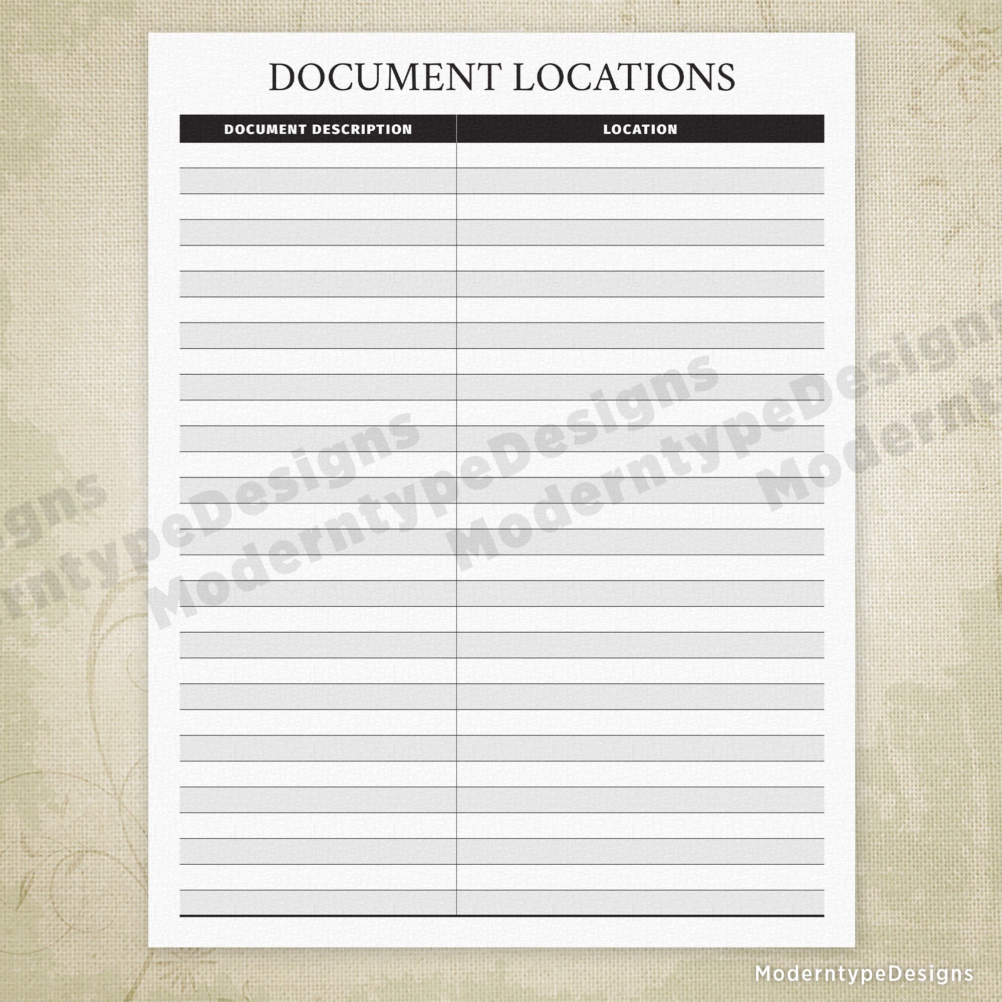 Document Locations Printable - End of Life