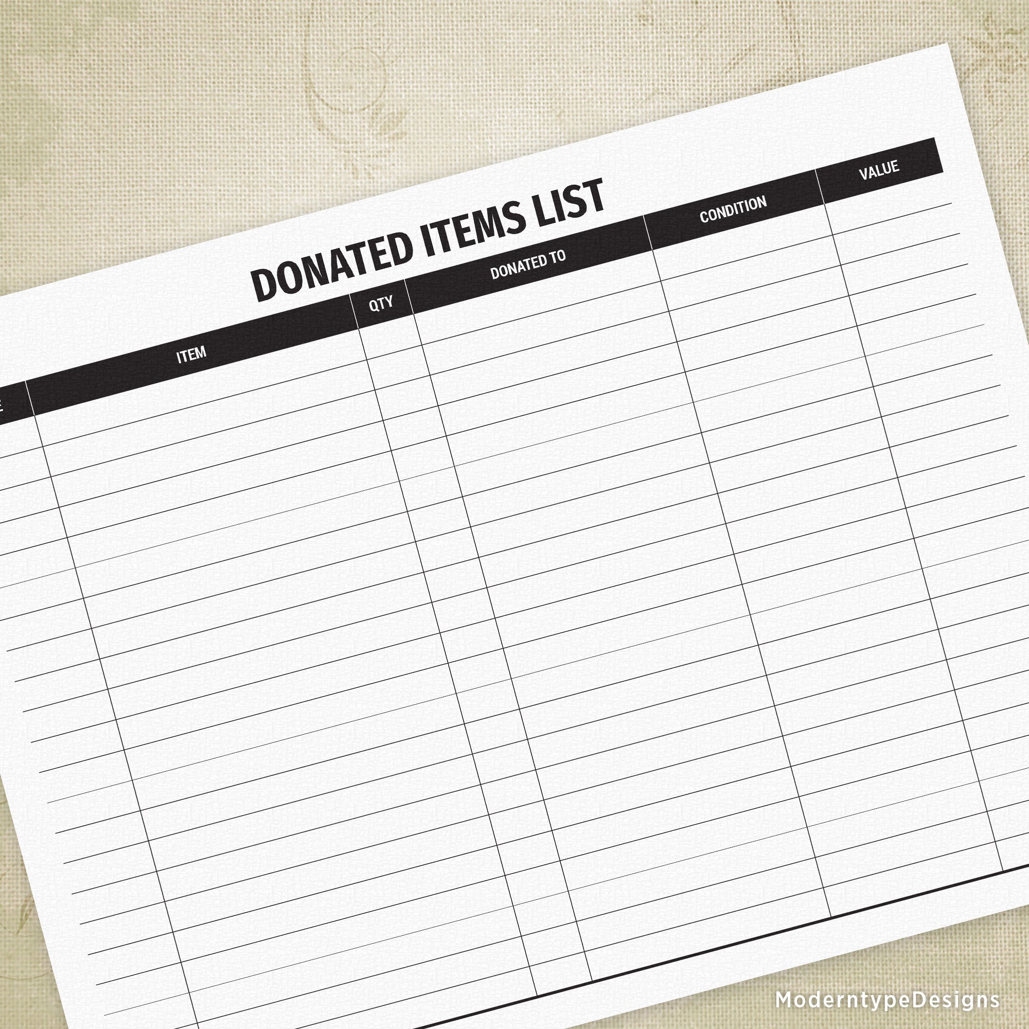 A printable donated items list form with columns for date, item, quantity, donated to, condition, and value.