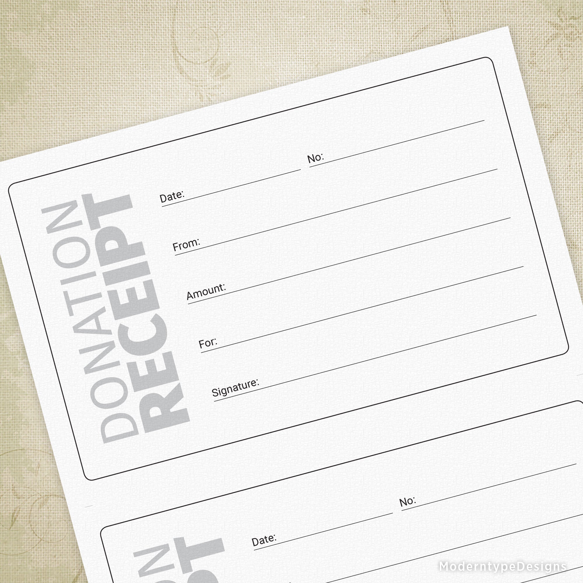 This is a Donation Receipt Printable PDF Form. 2 are on a sheet and all you have to do is cut across the middle. Trim marks are included! Includes lines to write in "Date, No, From, Amount, For, and Signature". This PDF cannot be edited. It is for printing only. This receipt may or may not be in accordance with your tax laws, please review it before purchasing.