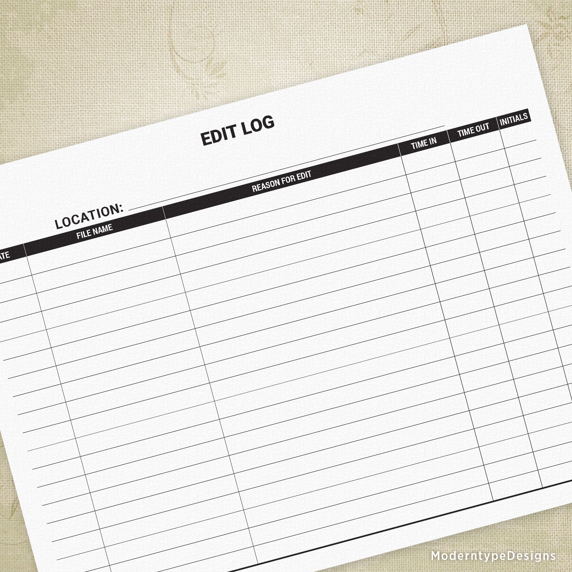 A printable edit file log form with sections for location, editor, and time, designed in a landscape orientation.