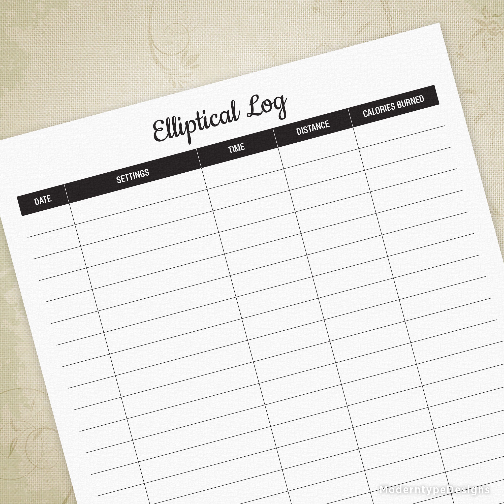 This PDF is an Elliptical Log. Track your dates, machine settings, time, distance, and calories burned