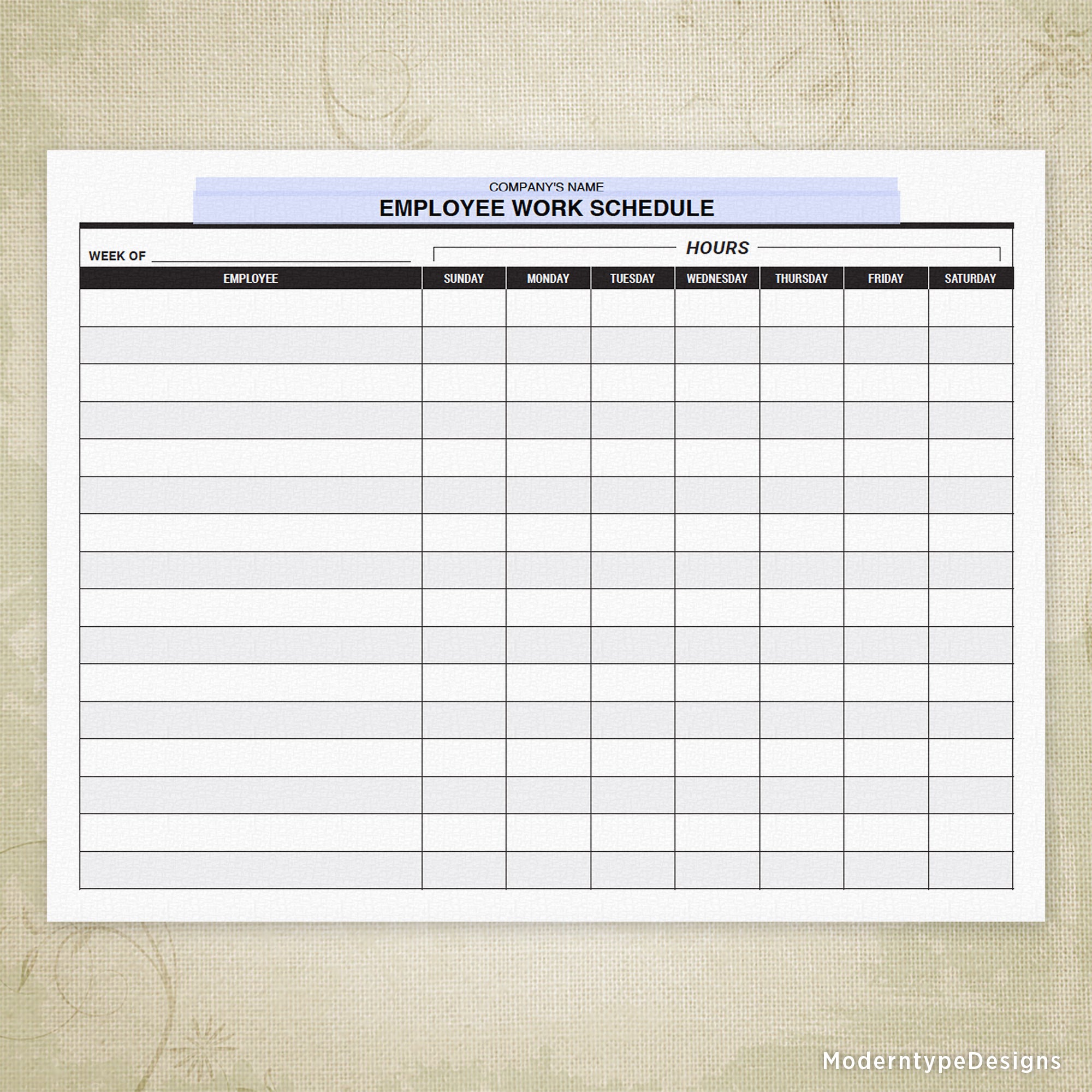 Employee Work Schedule Printable Form (Sunday - Saturday), Personalized