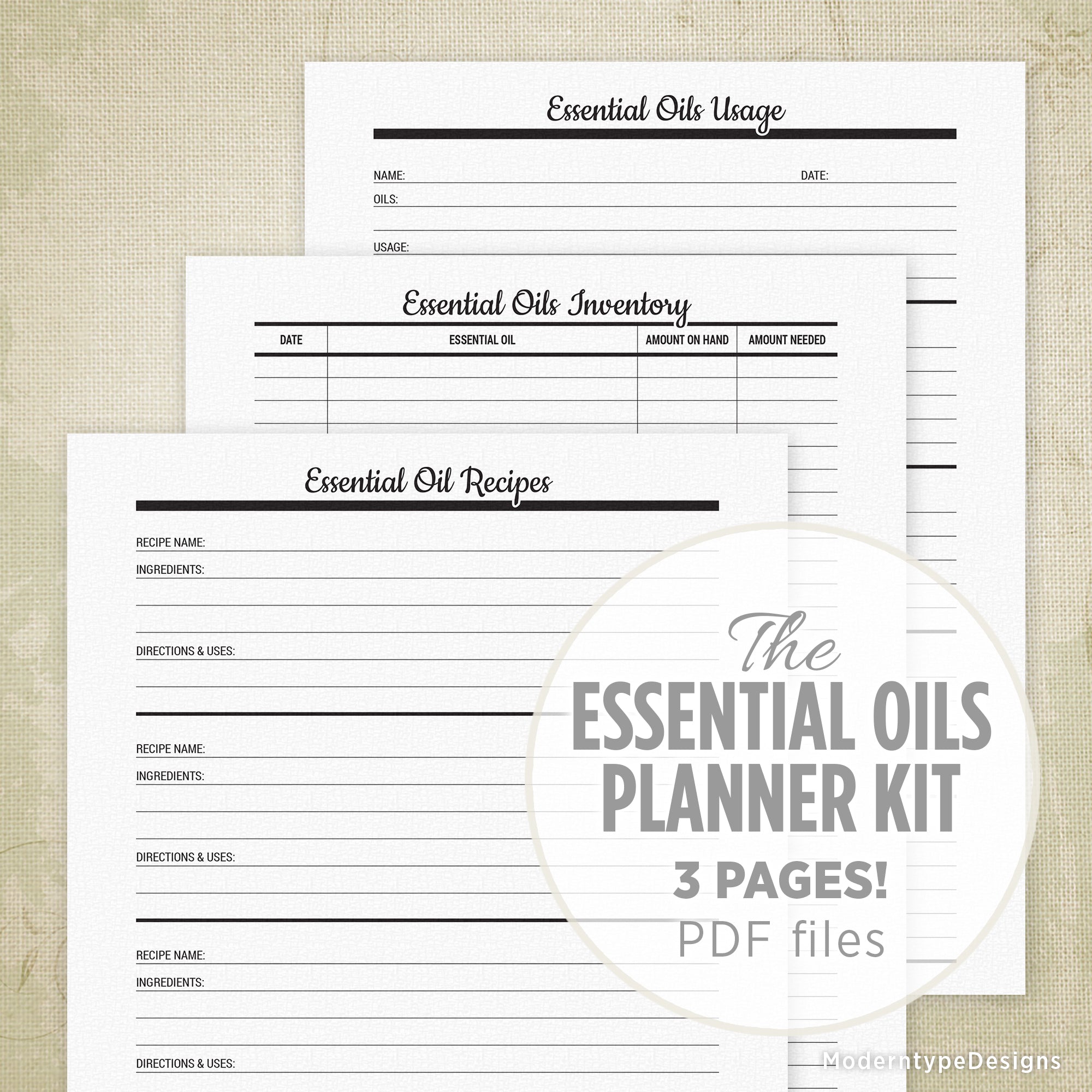 Three separate pages of a printable essential oils planner kit, with labeled sections for inventory, usage, and recipes.