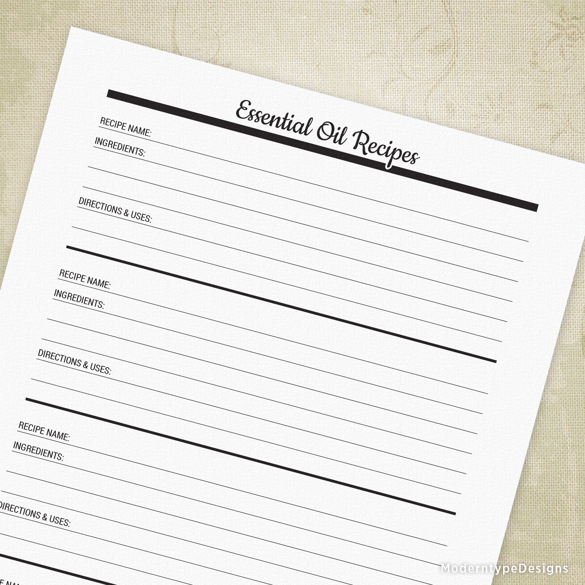 A printable essential oil recipes form with spaces for name, recipe, ingredients, and directions & uses.