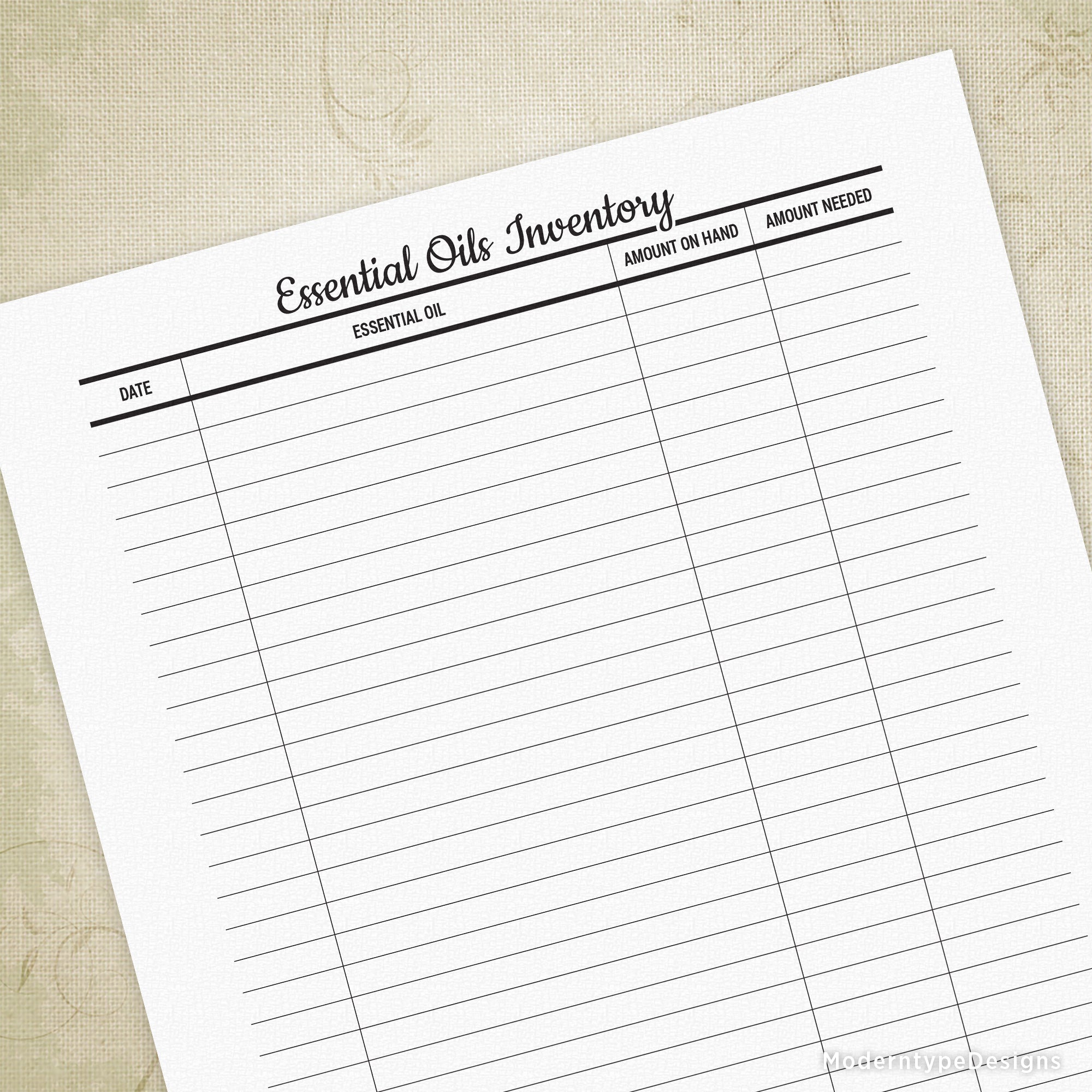 A printable essential oils inventory form with columns for date, essential oil, amount on hand, and amount needed, in a portrait orientation.