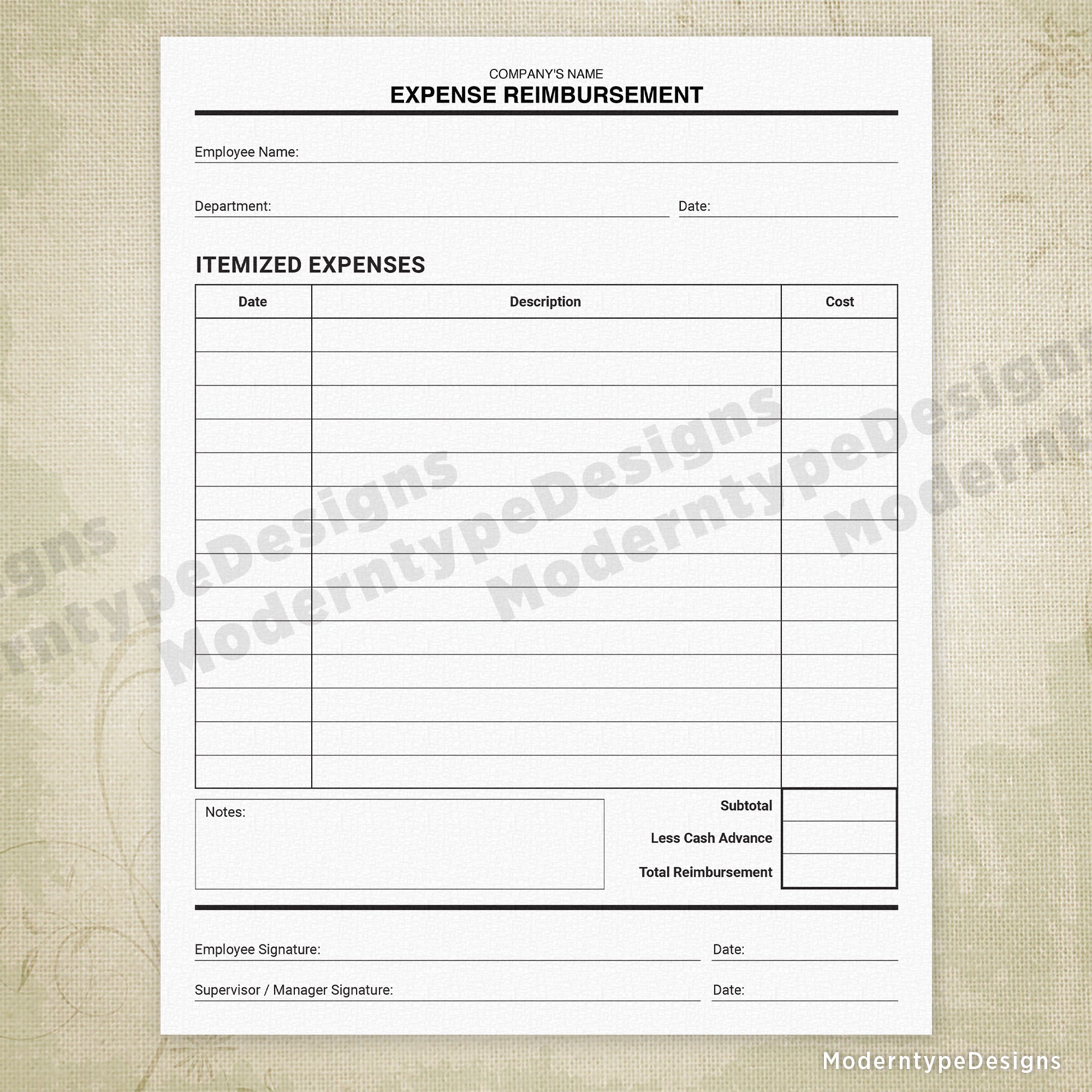Expense Reimbursement Printable Form, Personalized, #1
