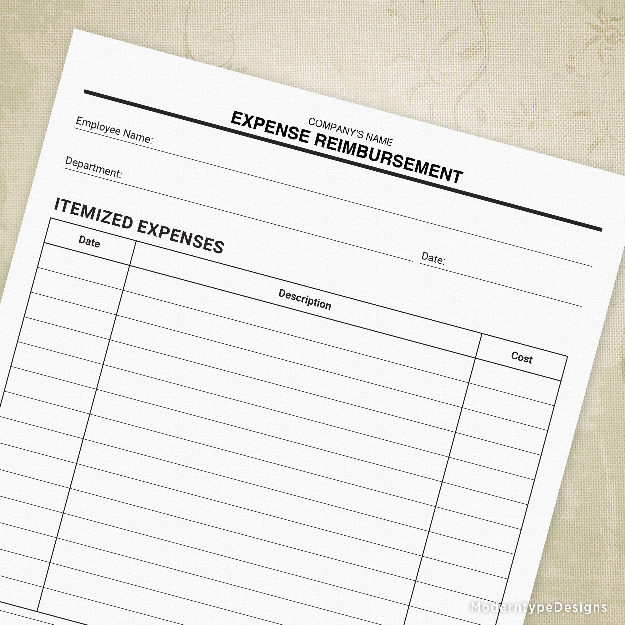 This is a PDF Expense Reimbursement Form with 2 editable fields. Track your business expenses while looking professional and organized. Customized with your business name, this form will keep your expenses in order.