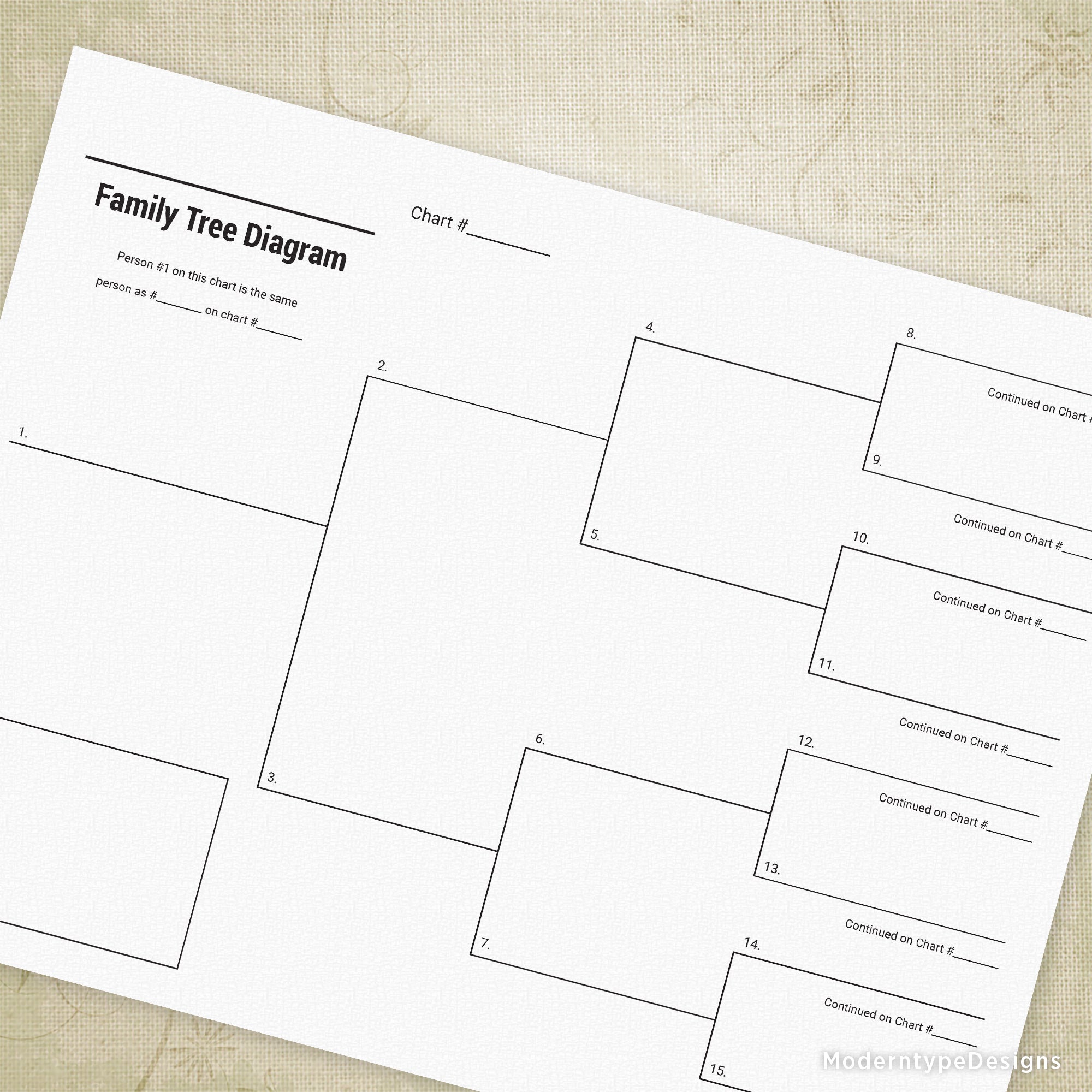 This is for a Family Tree Diagram Printable PDF for 4 generations. Track the genealogy of your family in an easy and organized way. Great for budding genealogists. Includes options to link to other charts to complete your family tree.