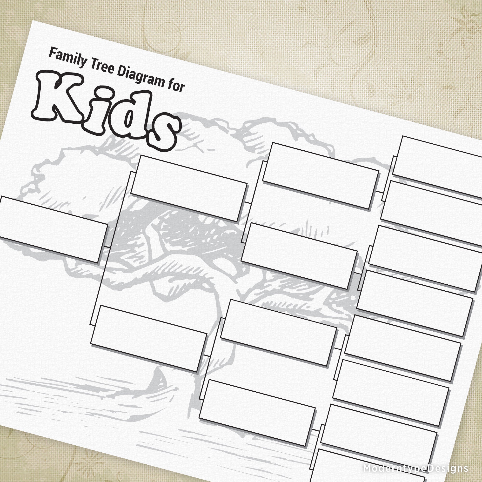 A printable family tree diagram for kids with white margins and a tree illustration at the top.