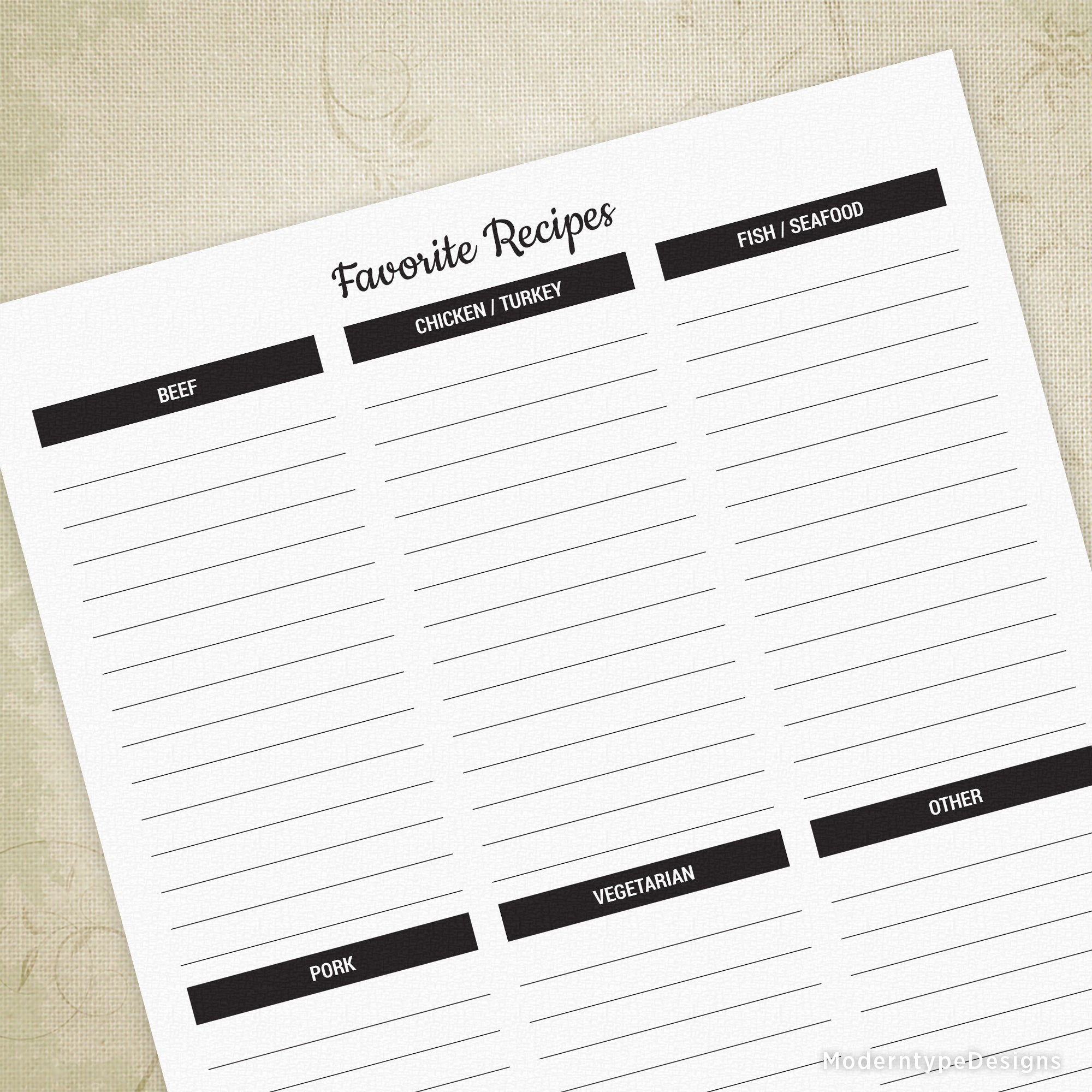 This is a PDF Favorite Recipes, printable planner. Always forgetting the name of a recipe? Print it out and keep track!