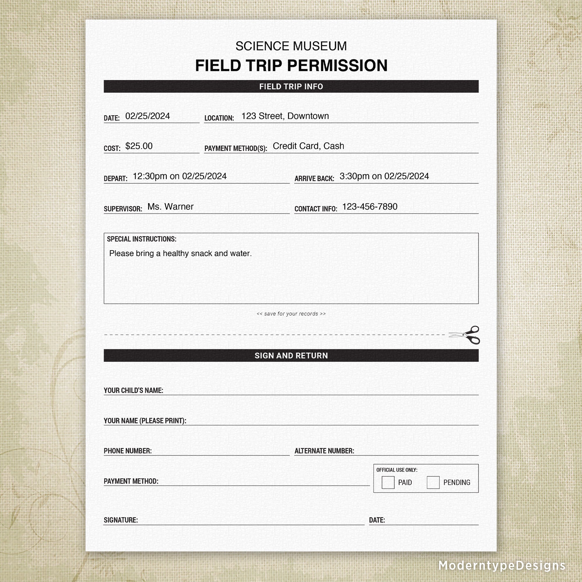 Field Trip Permission Printable, Editable