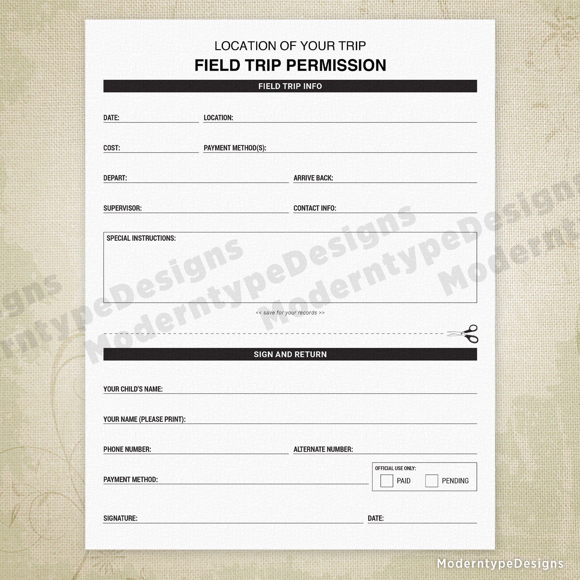 Field Trip Permission Printable, Editable