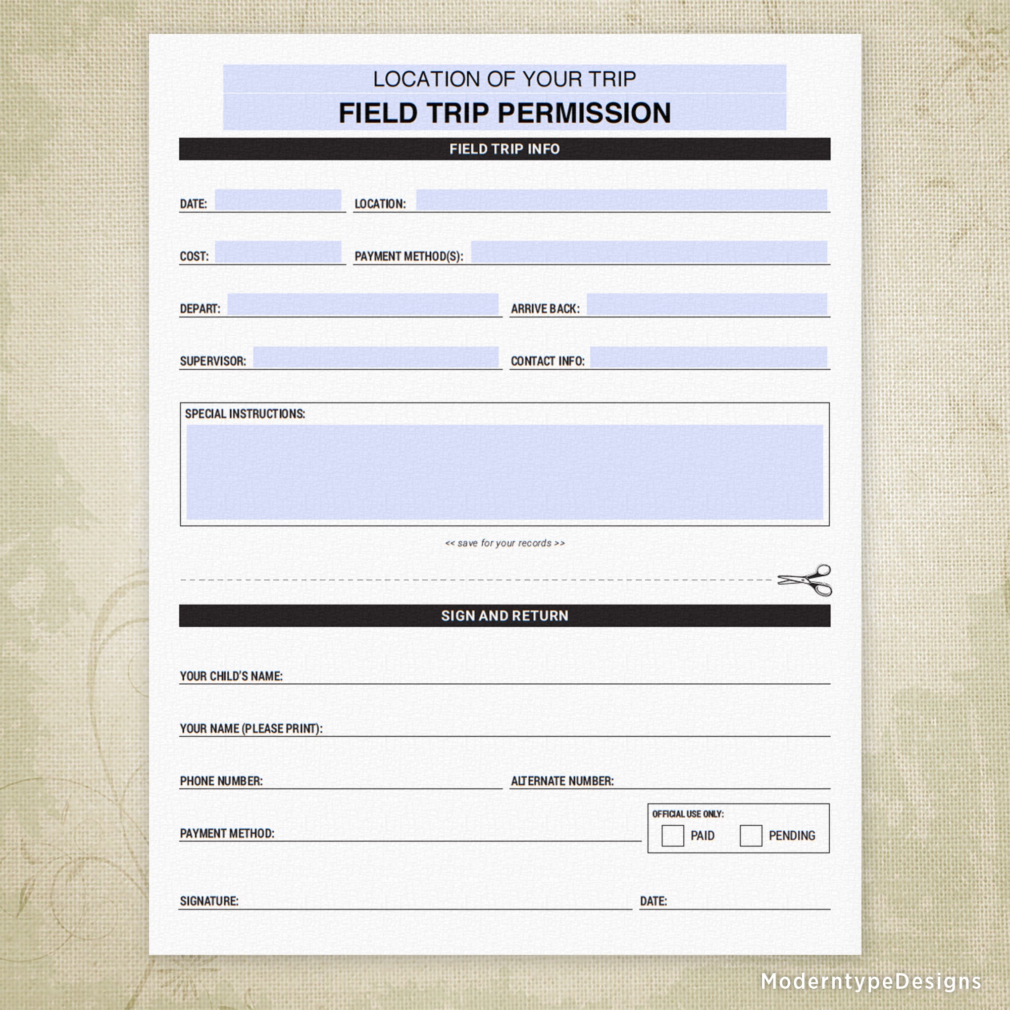 Field Trip Permission Printable, Editable