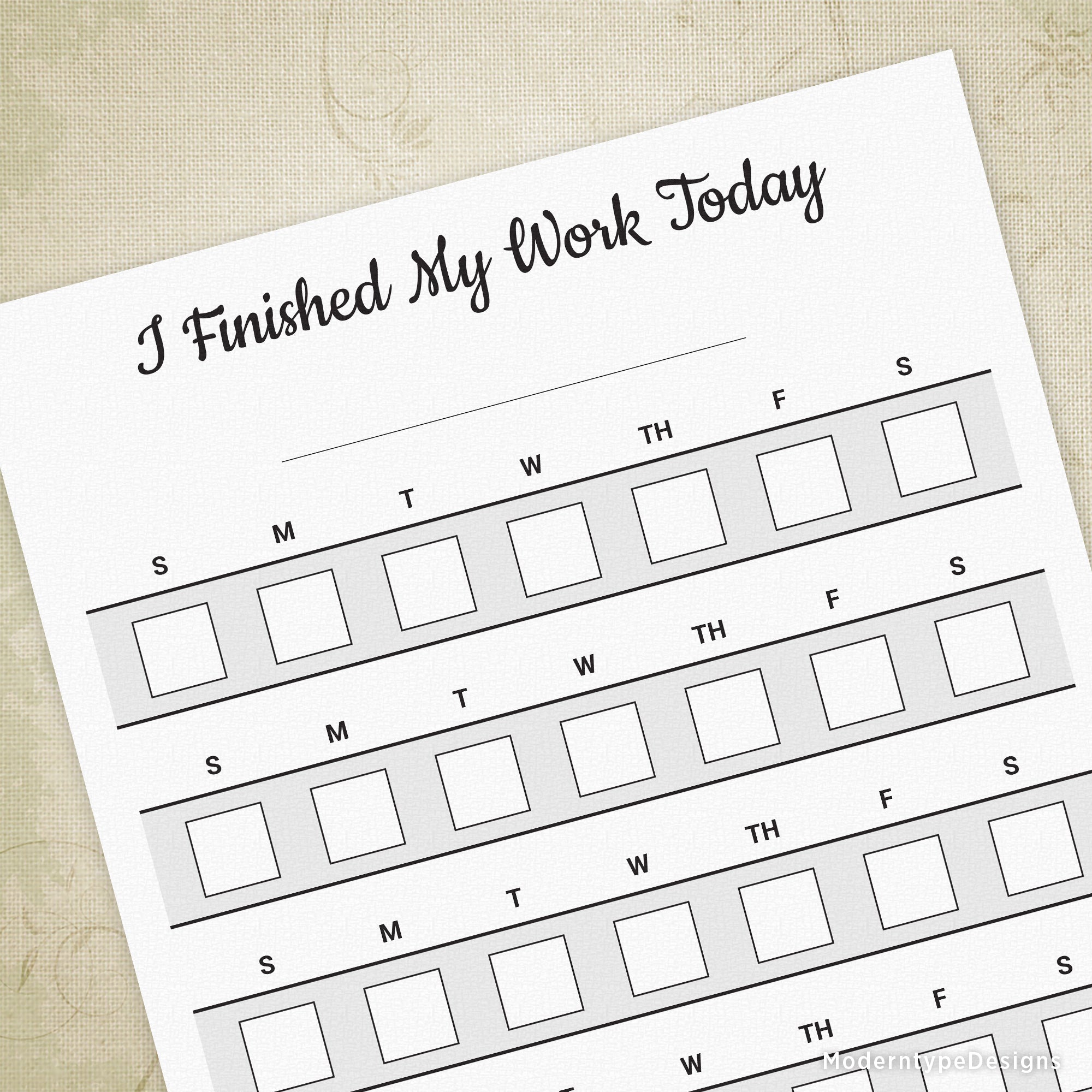 Printable chart with the title 'I FINISHED MY WORK TODAY' and a space for a child's name, featuring a list of checkboxes for tracking daily tasks.