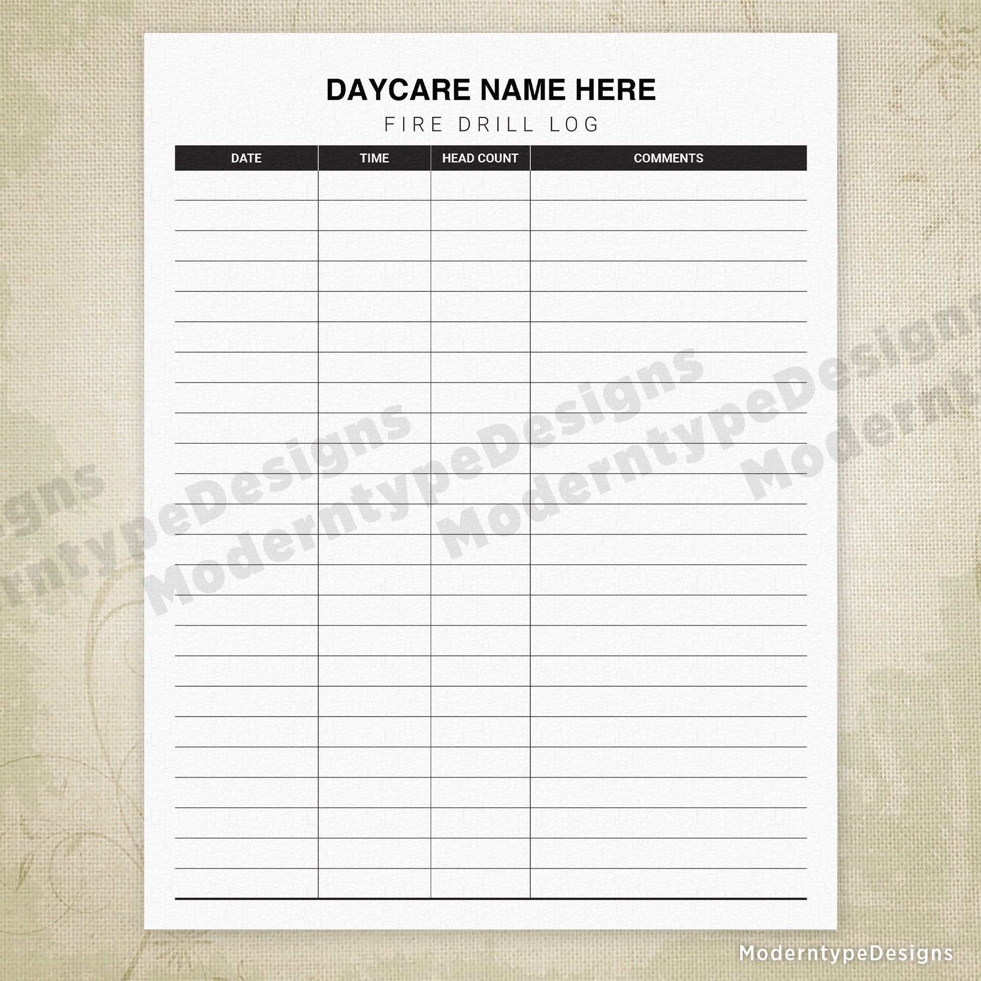 Daycare Fire Drill Log Printable, Personalized