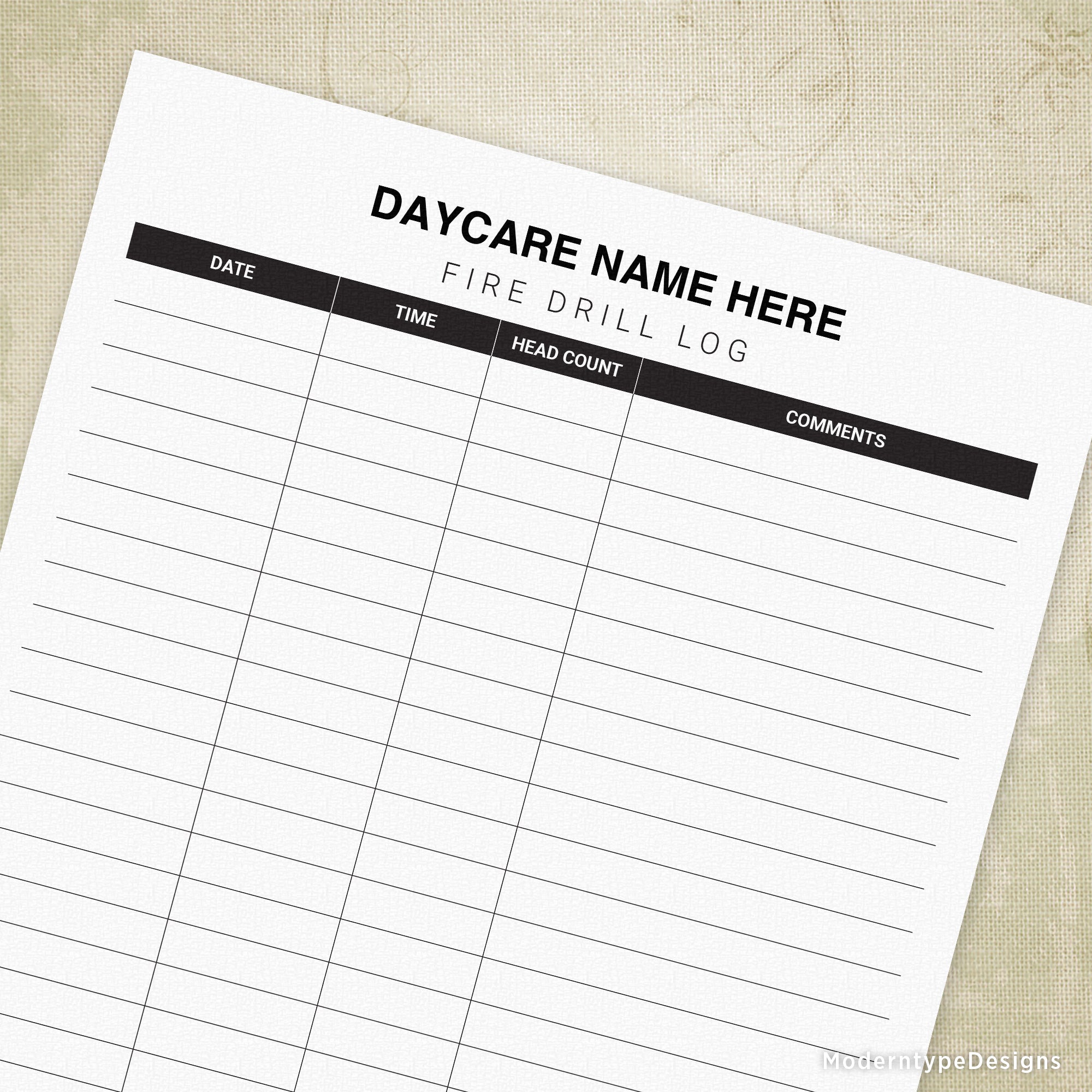 This is a Daycare (or School) Fire Drill Log Printable Form PDF with 1 editable field. Customize this form with your business name for a professional look. Purchase once and print every day for years to come. Keep your fire drill practice days well-documented!