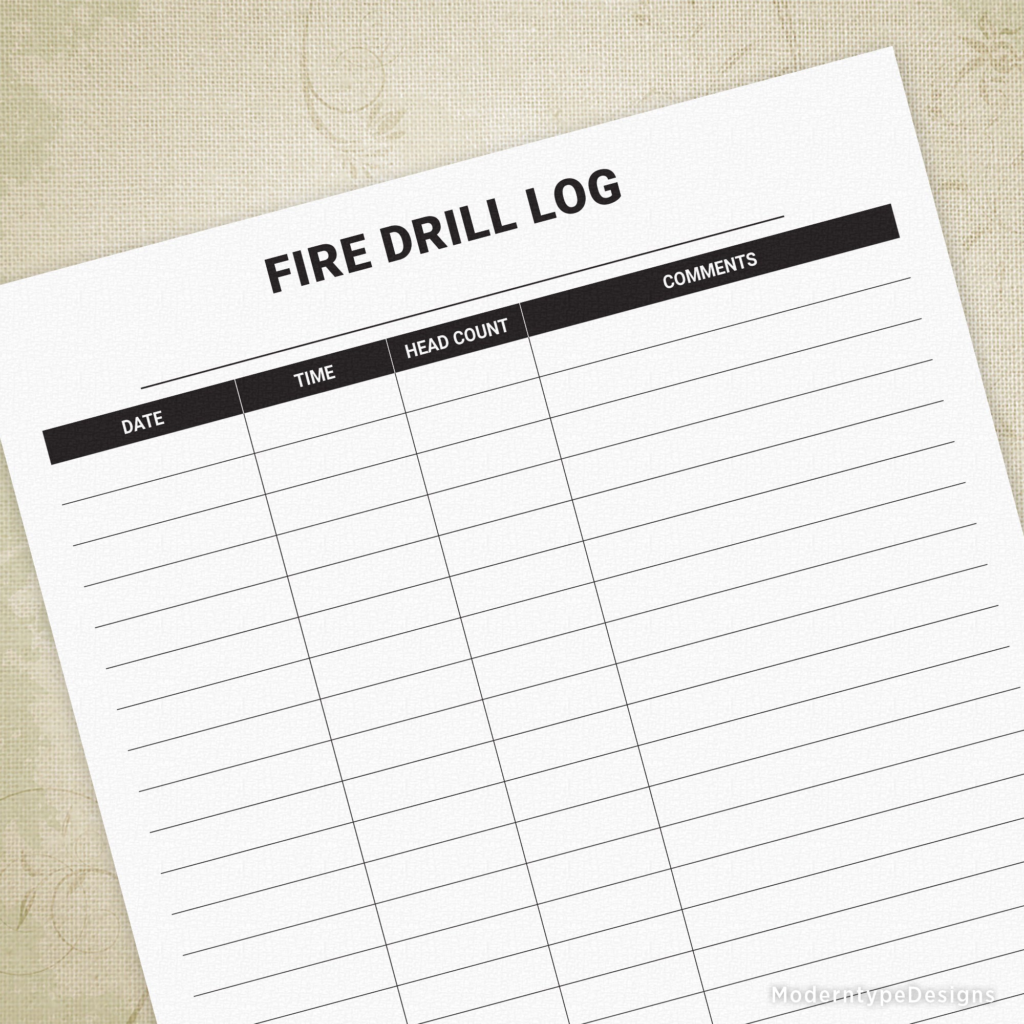 This is a printable PDF Fire Drill Log. At the top is the "Fire Drill Log". Directly underneath is a line to write your location. The column header text is "Date", "Time", "Head Count" and "Comments".