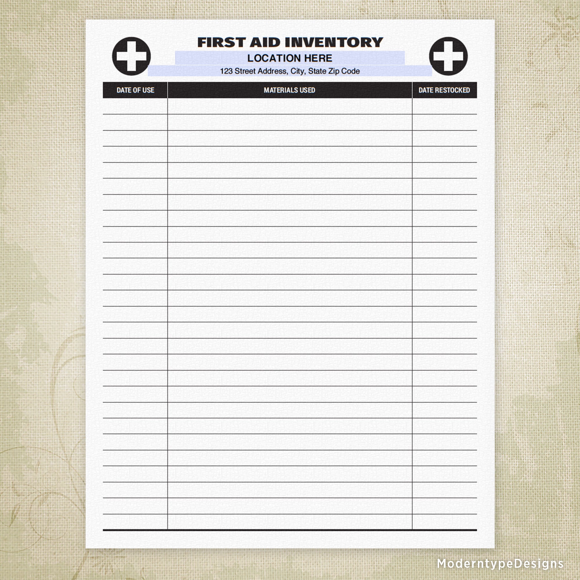 First Aid Inventory Log Printable, Personalized