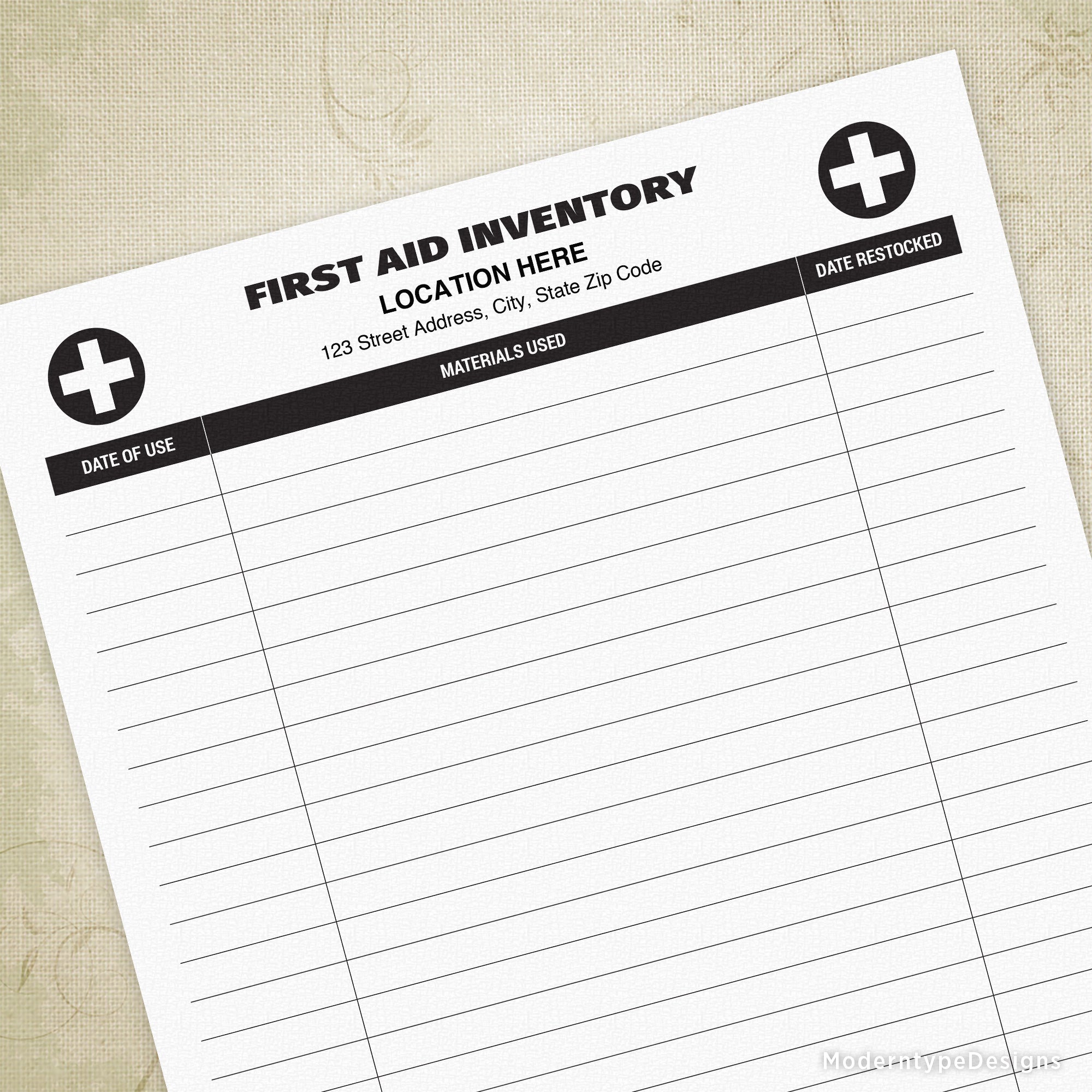 This is a First Aid Inventory Log Printable Form PDF with 2 editable fields. Edit the top of the form to personalize with your location and information. All other information on this form cannot be edited.