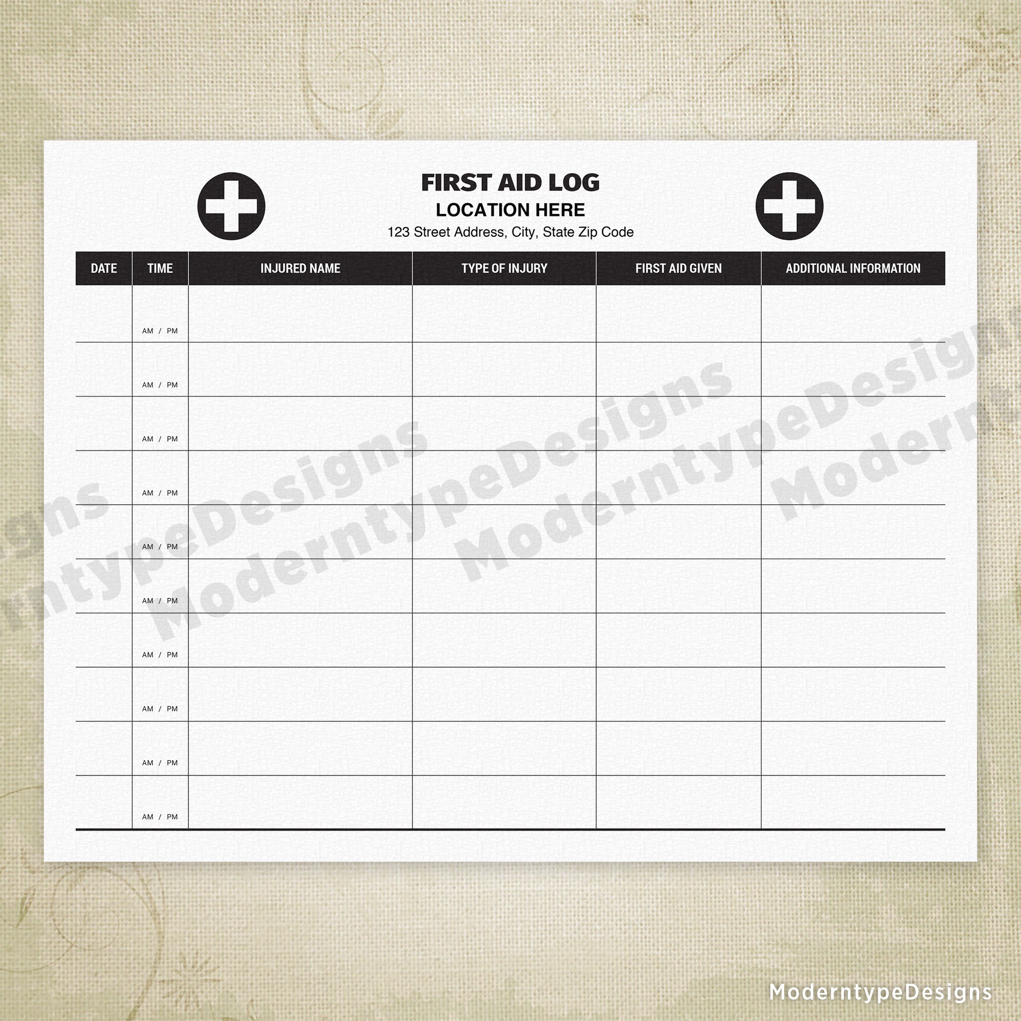 First Aid Log Printable, Personalized