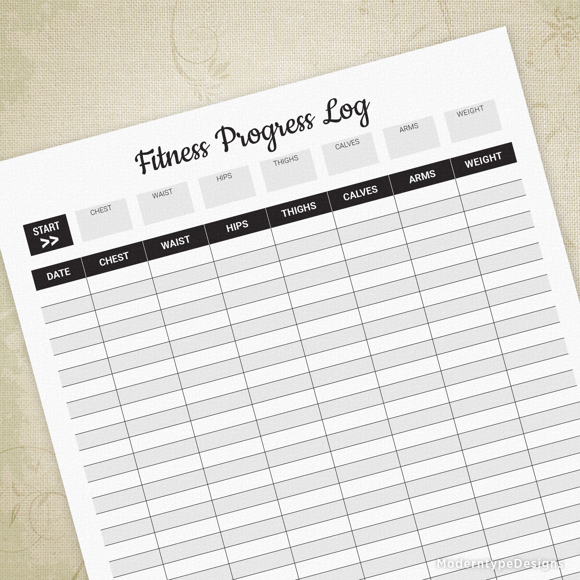 Printable fitness progress log form with sections for daily exercise, weight, waist, hips, chest, and cass, on a plain background.