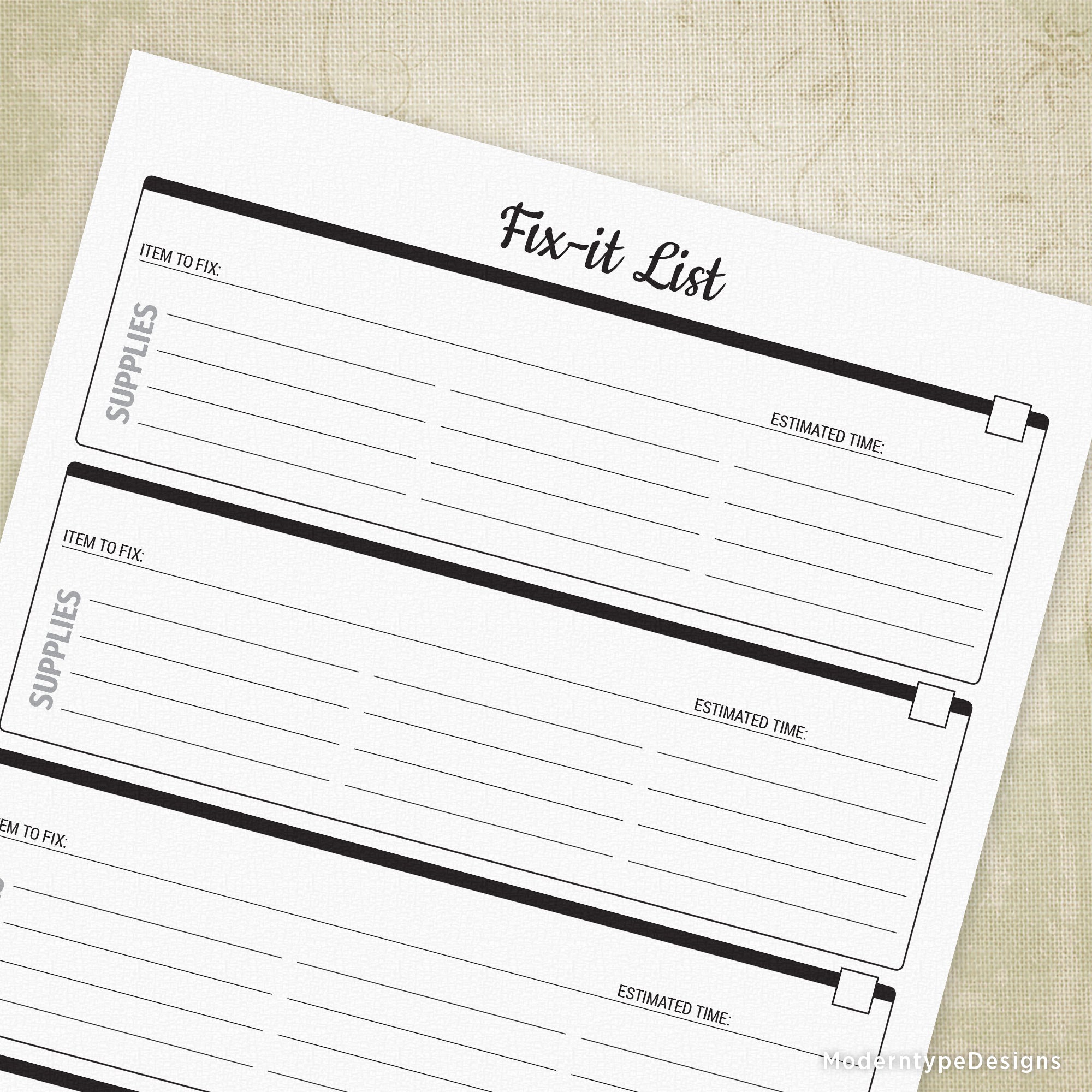 A printable 'Fix-it List' template with three columns for item, estimated time, and supplies needed, positioned on a textured background.