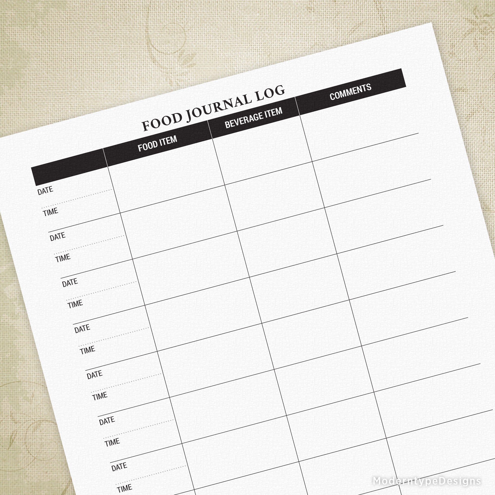 This is a PDF Food Journal Log printable. Write out your daily food and beverage intake with this easy-to-use form.