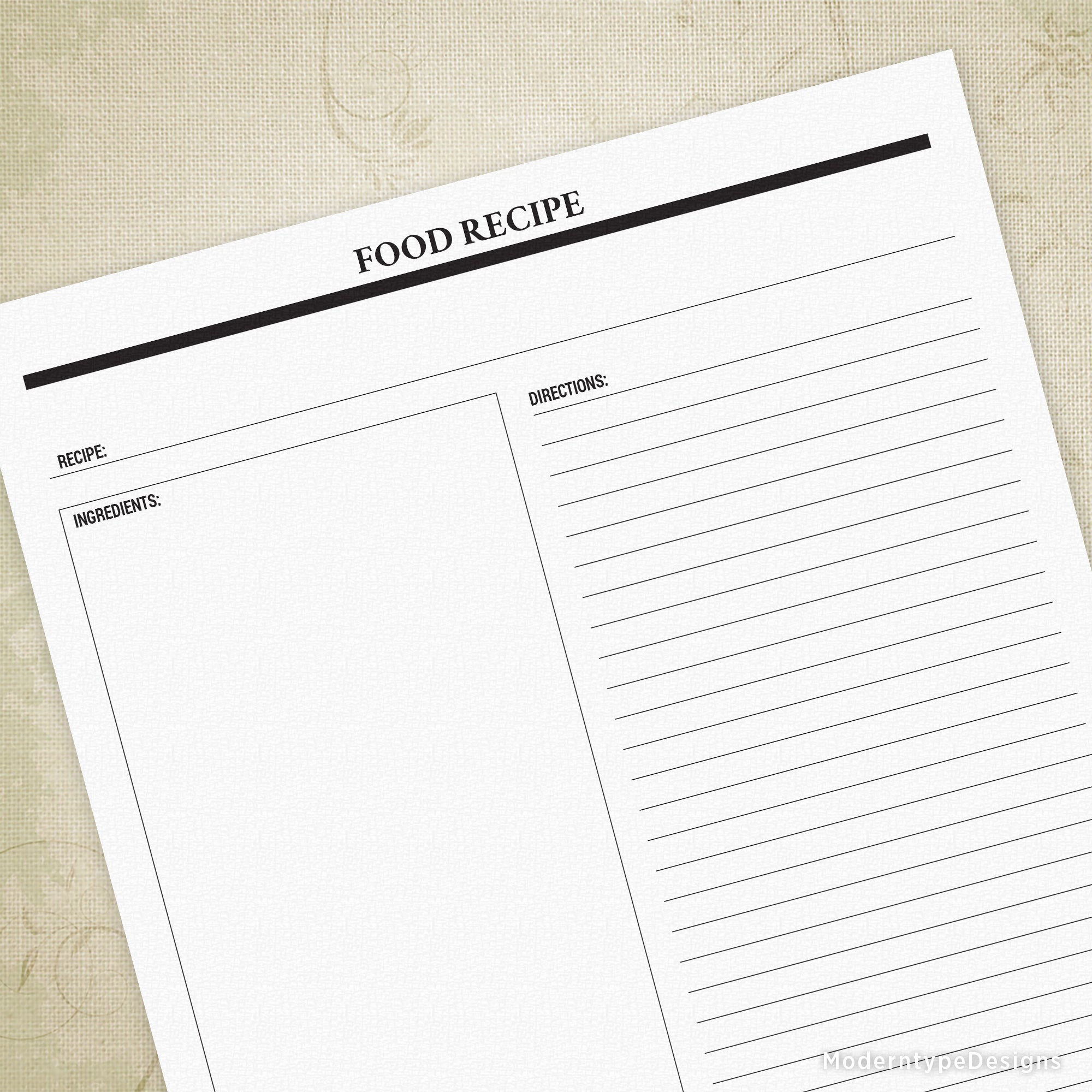 Write down your recipe on this Food Recipe Planner Printable PDF that is set up for letter-sized paper. Designed as a vertical ingredient box with another column for the directions.