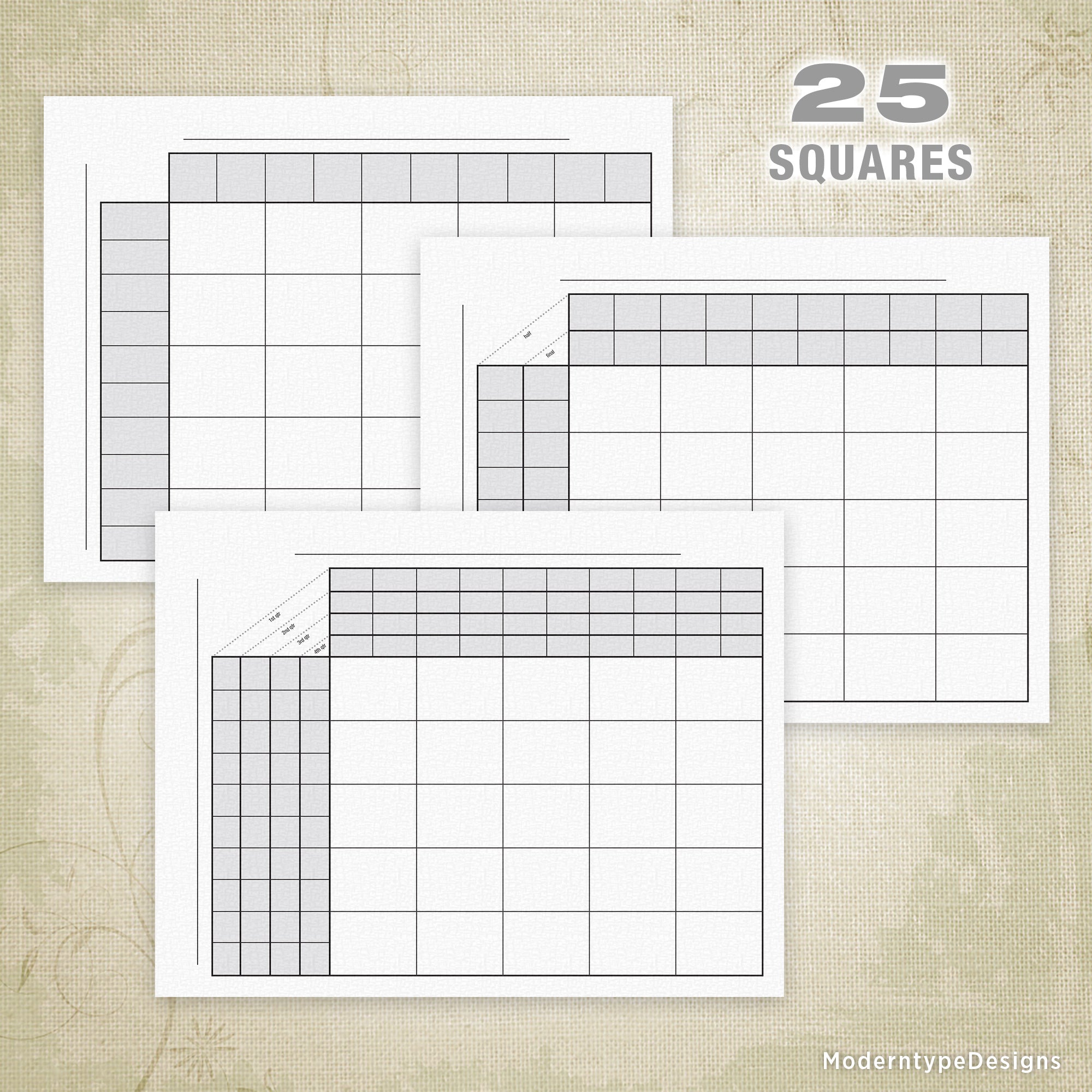 This is for 1 set of printable PDFs, 25 football and sports squares, and pool forms. Make running the office football pool a breeze no matter how many squares you need!