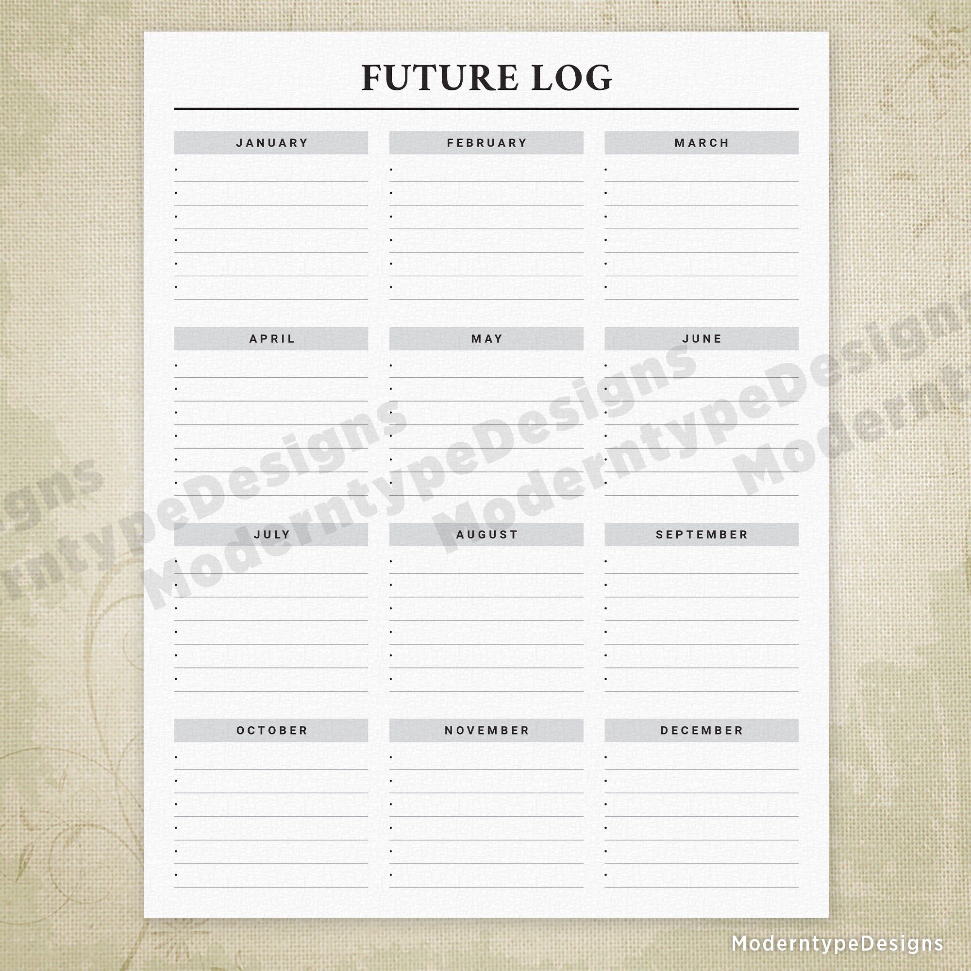 Future Log Printable with Bullets