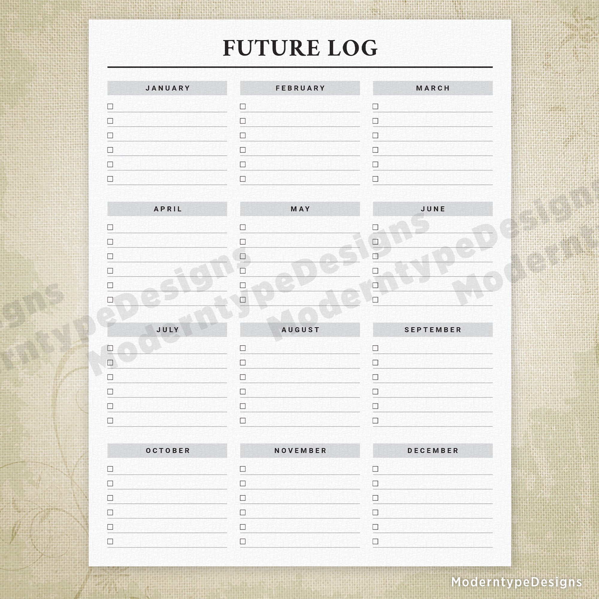 Future Log Printable with Checkboxes