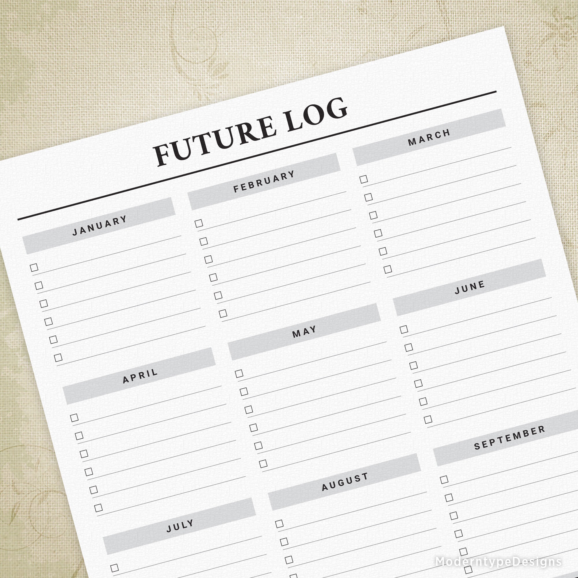 Printable future log with checkboxes on a plain background, designed for organizing tasks by day of the week.