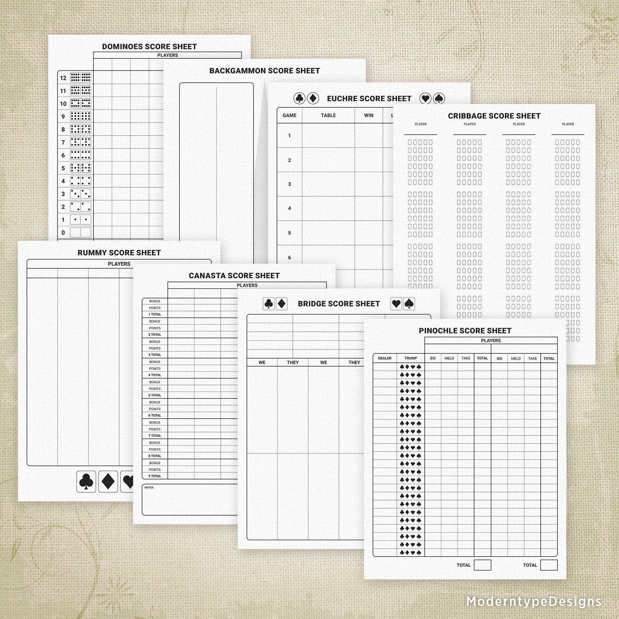 This is for 8 different card game printable PDF score sheets. Includes a pinochle, euchre, dominoes, cribbage, canasta, rummy, bridge, and backgammon scoring sheet. Each one is an individual pdf so you can easily choose and then print as many as you like. Great for those who have been playing any of these classic games.