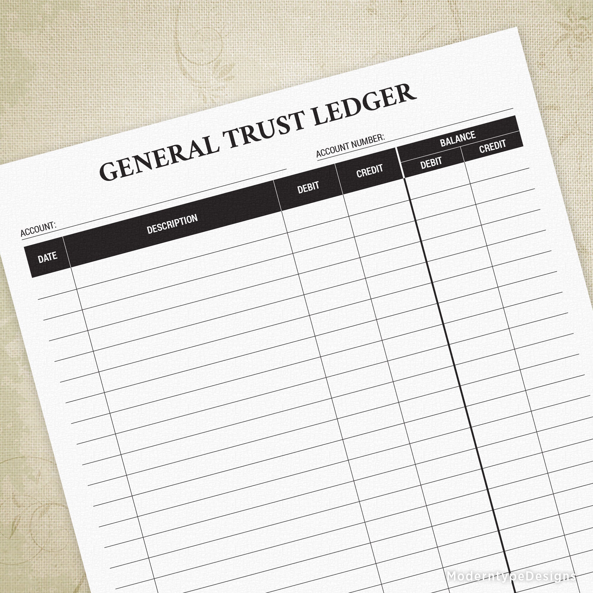 A printable General Trust Ledger form with sections for Account Number, Balance, Debit, Credit, G/L Entry, and Balance Sheet. The form is labeled with 'GENERAL TRUST LEDGER' at the top.