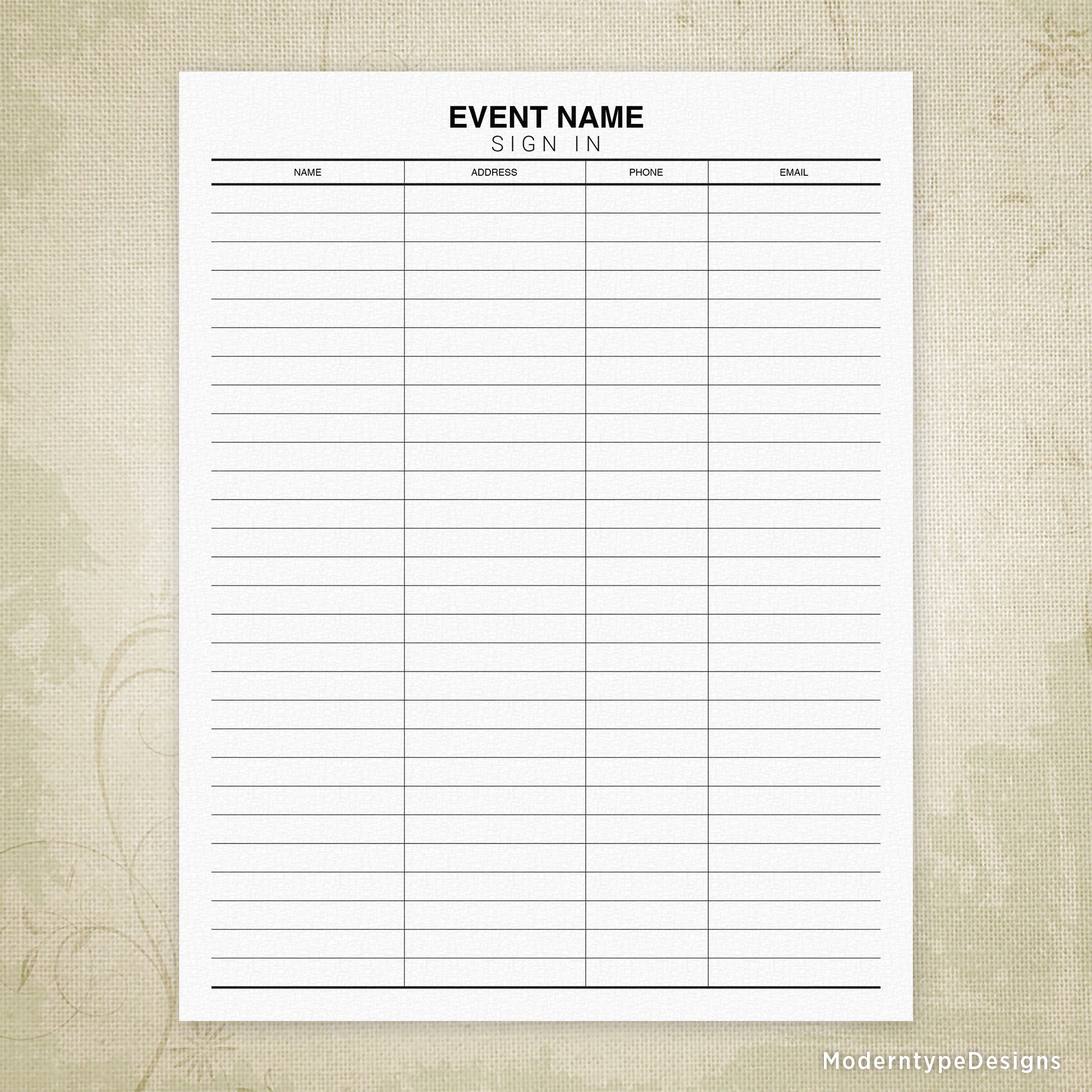 Event Sign In Sheet Printable, Personalized