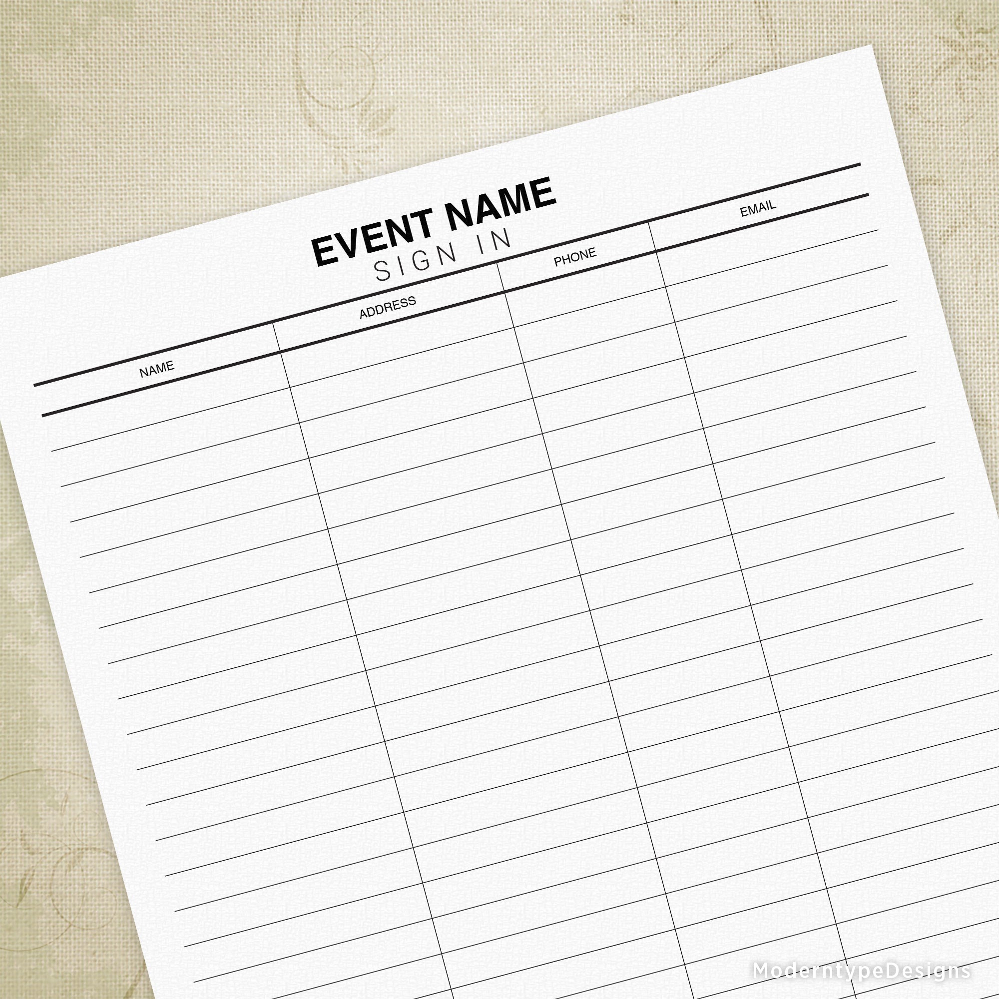 This is a PDF Event Sign In Sheet printable template with editable fields that allow you to edit the column titles and title (first line). “SIGN IN” at the top cannot be edited.