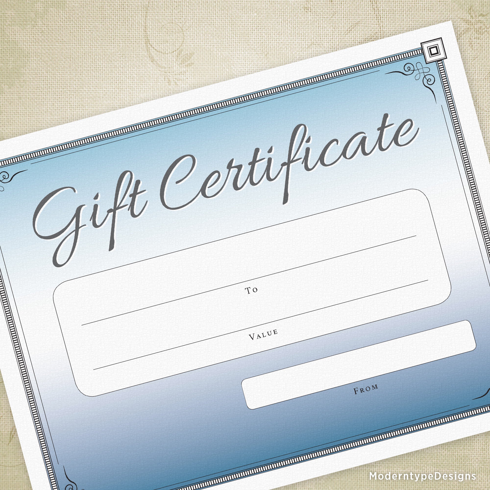 This is a letter-sized printable blank Gift Certificate PDF. Print out a gift certificate for a friend, or family member, or create one for a customer!