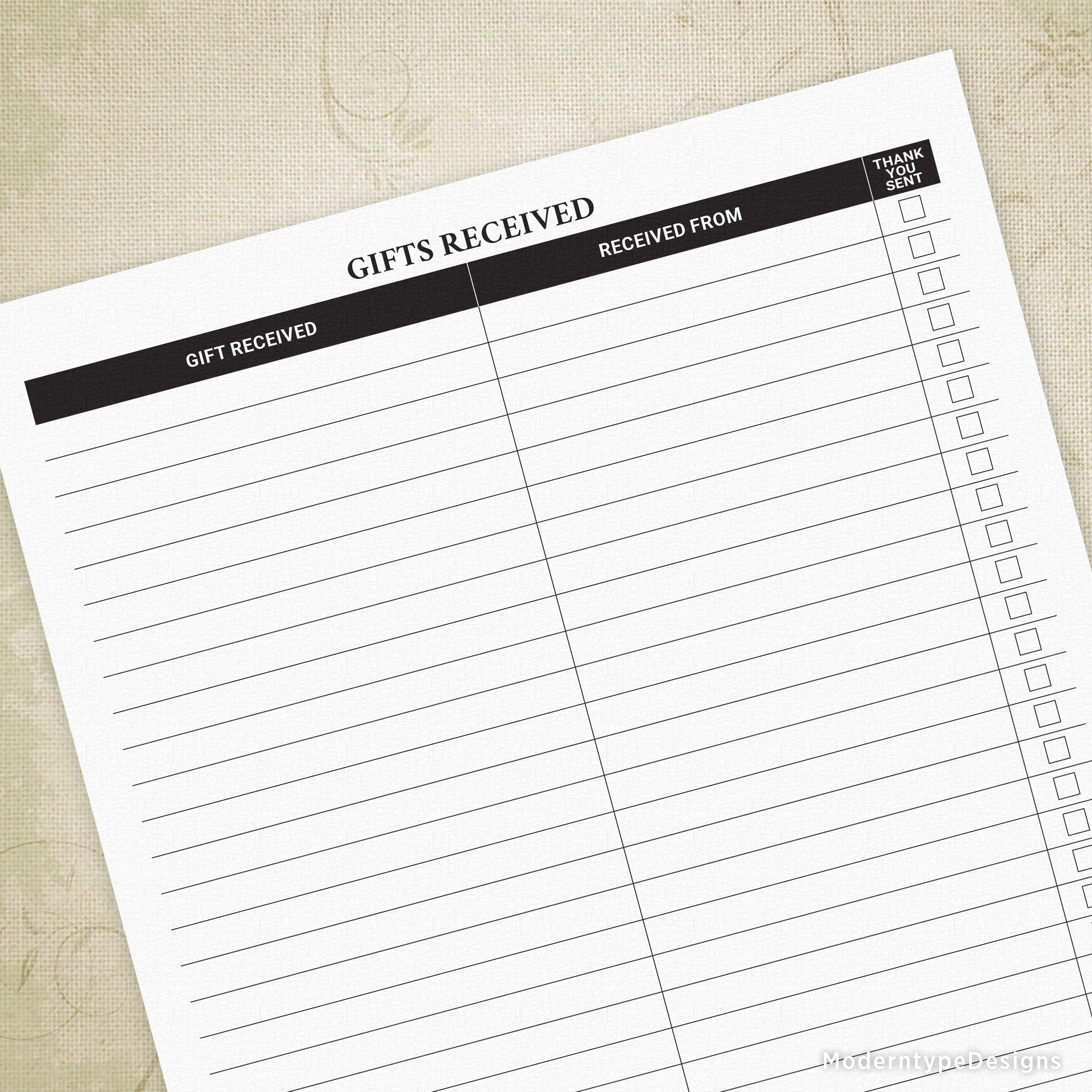 This is a PDF Gifts Received Sheet for instant download. This form will help you keep track of gifts from your latest party. Use it for bridal showers, baby showers, etc., and keep the PDF for any other party that you might need it for.