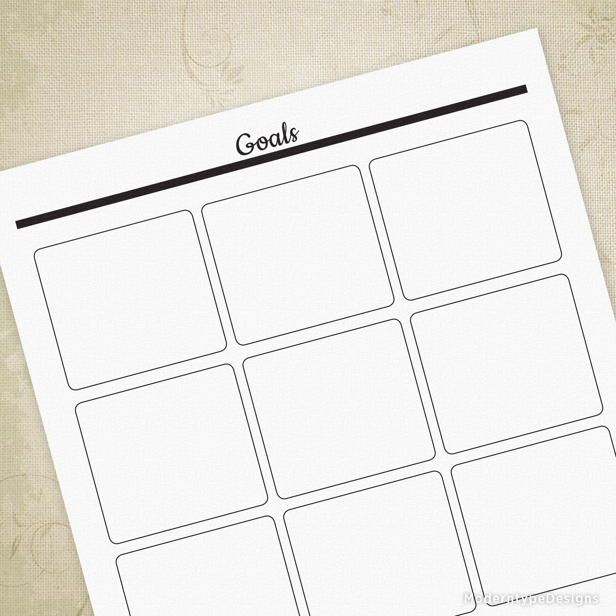 A printable goals planner sheet with the title 'GOALS' at the top, featuring multiple blank lines for writing down goals and a check mark icon on the right side for checking off achieved goals.