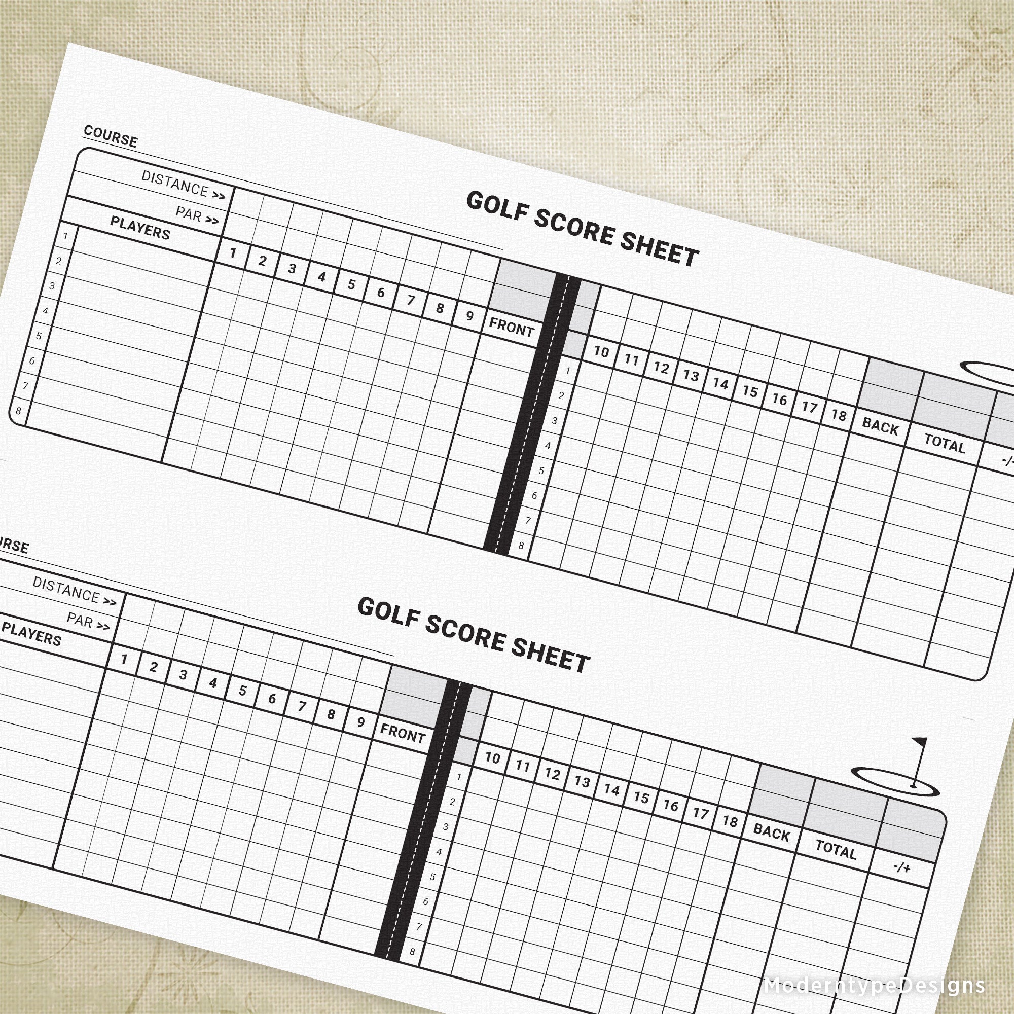A printable golf score sheet with areas for writing in distance and par, designed for a traditional game of golf, showing front and back sides.