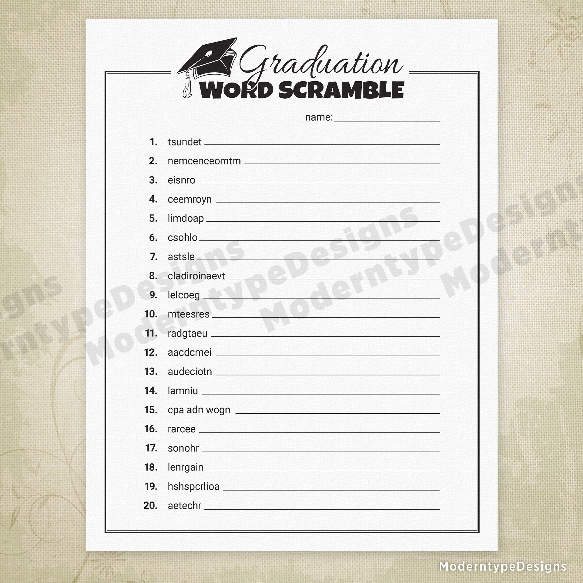 Graduation Word Scramble Printable Game