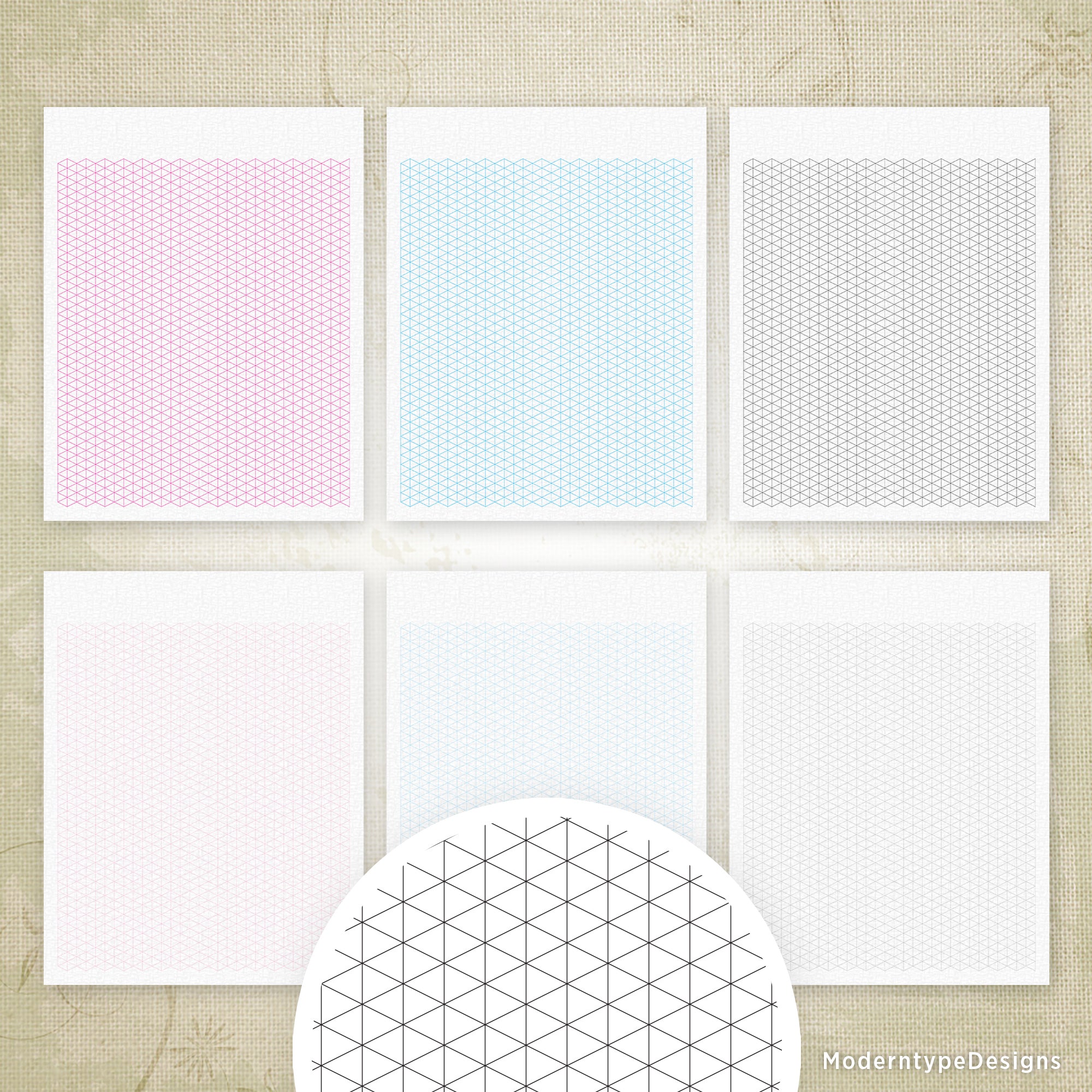 Four printable triangular grid paper sheets in magenta, cyan, black, and white colors, displayed in a 2x2 grid arrangement with a sample triangular grid pattern in the corner.