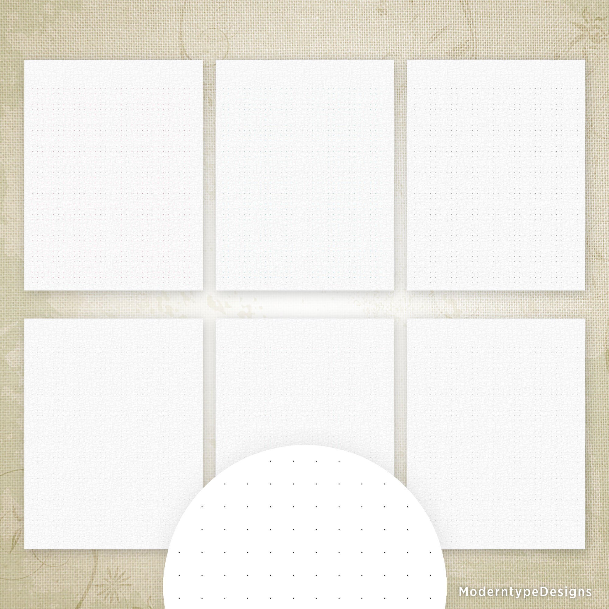 A set of four white dotted grid paper prints, with a circular inset showing the dotted pattern, arranged in a 2x2 grid layout.