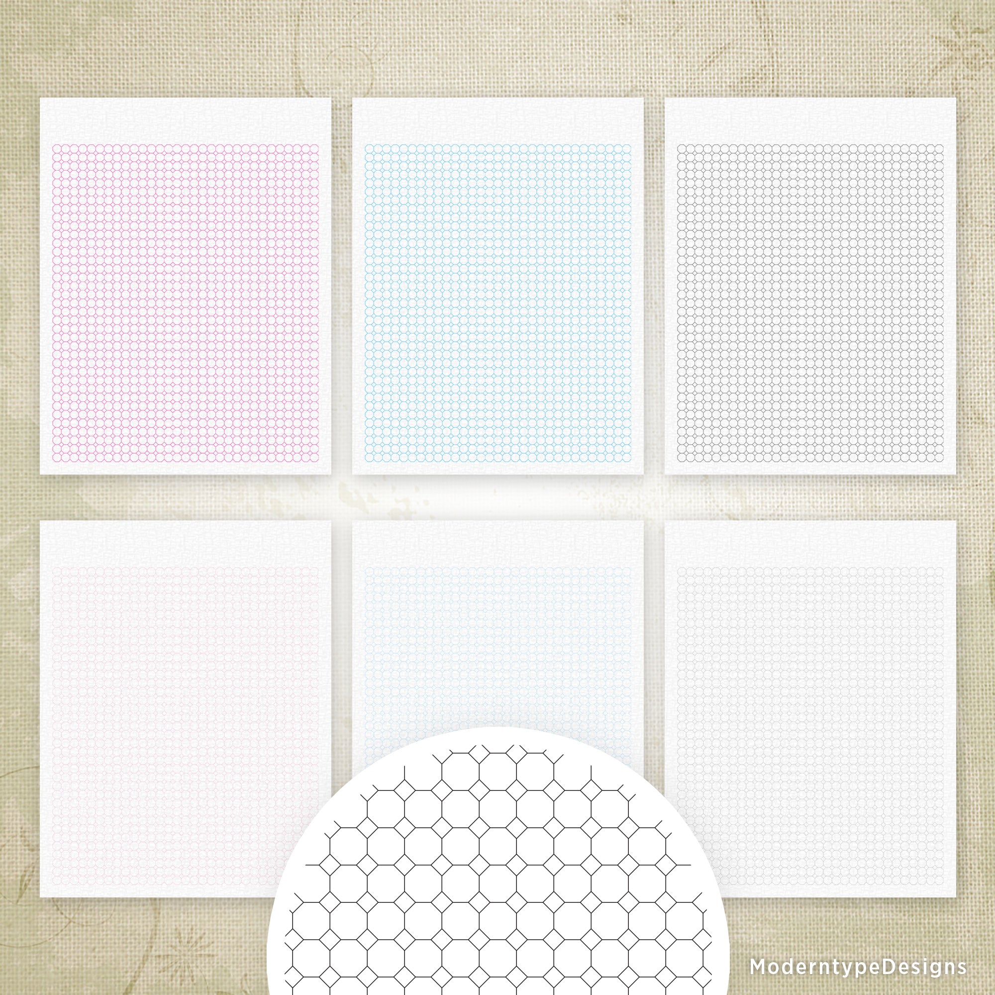 Five digital grid paper prints with various colors and a hexagonal shape, displayed in a collage format with a central empty space for the viewer to focus on the grid pattern.