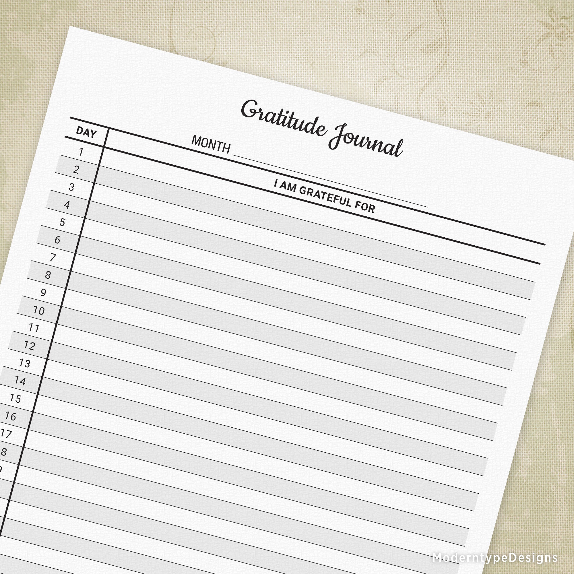 What are YOU thankful for? Well, write it down and track it with a PDF Monthly Gratitude Journal printable. Includes a line to write the month and 31 lines for the day and what you're thankful for.