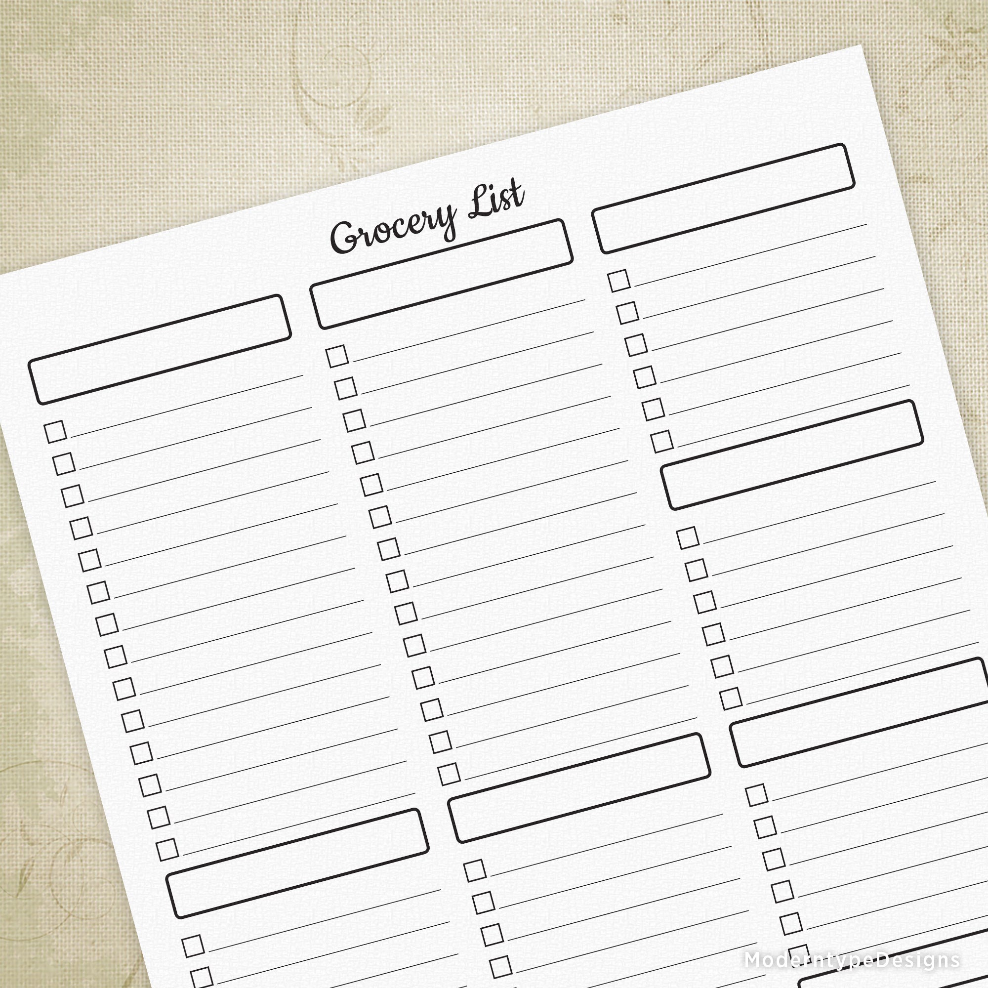 A printable grocery list sheet with the title 'Grocery List' at the top, featuring a list of items to be added to the grocery bag.